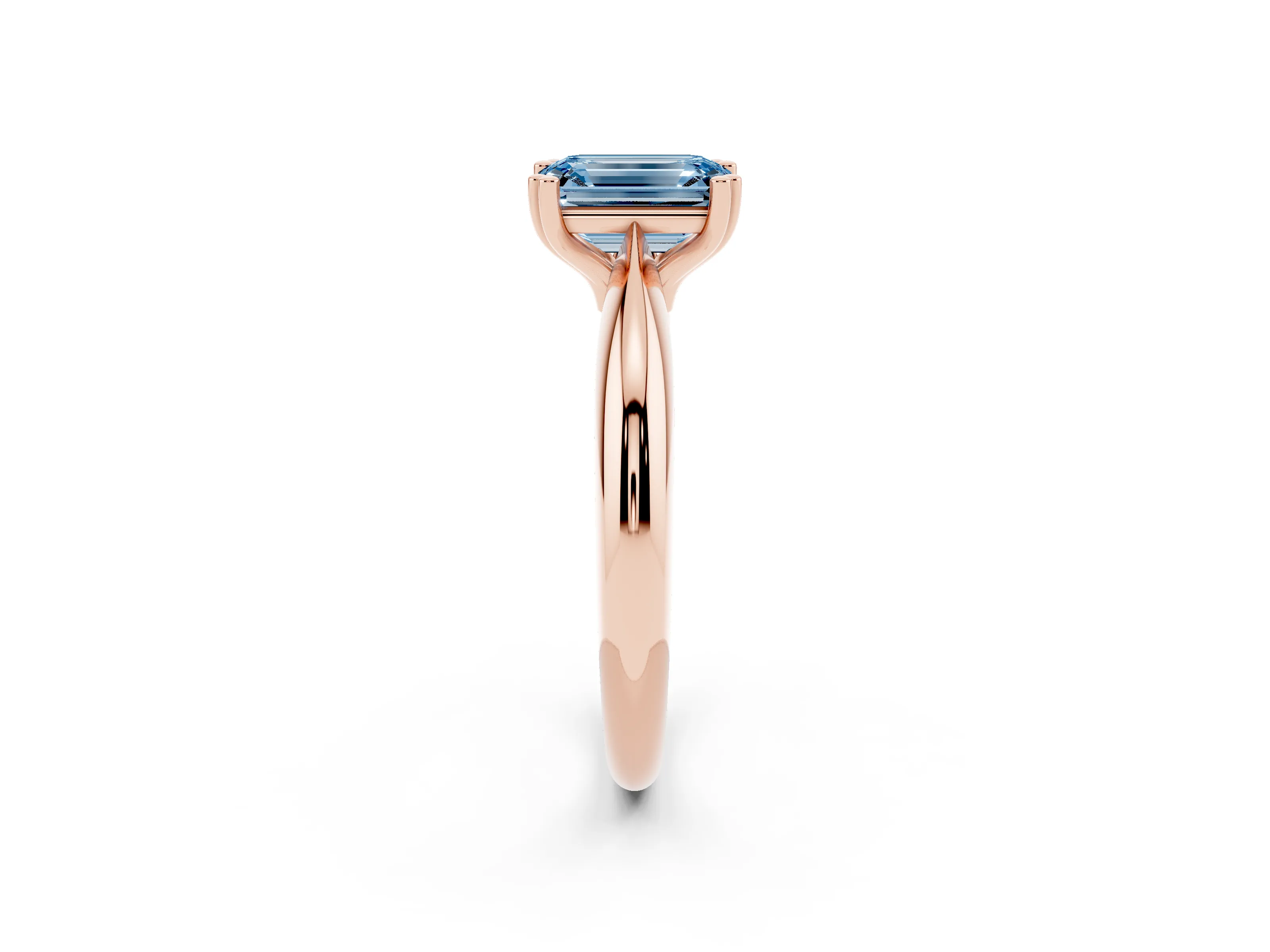 Fancy Blue Emerald Cut Diamond Solitaire Engagement Ring Set in Rose gold with Tapered Band and Prong Setting