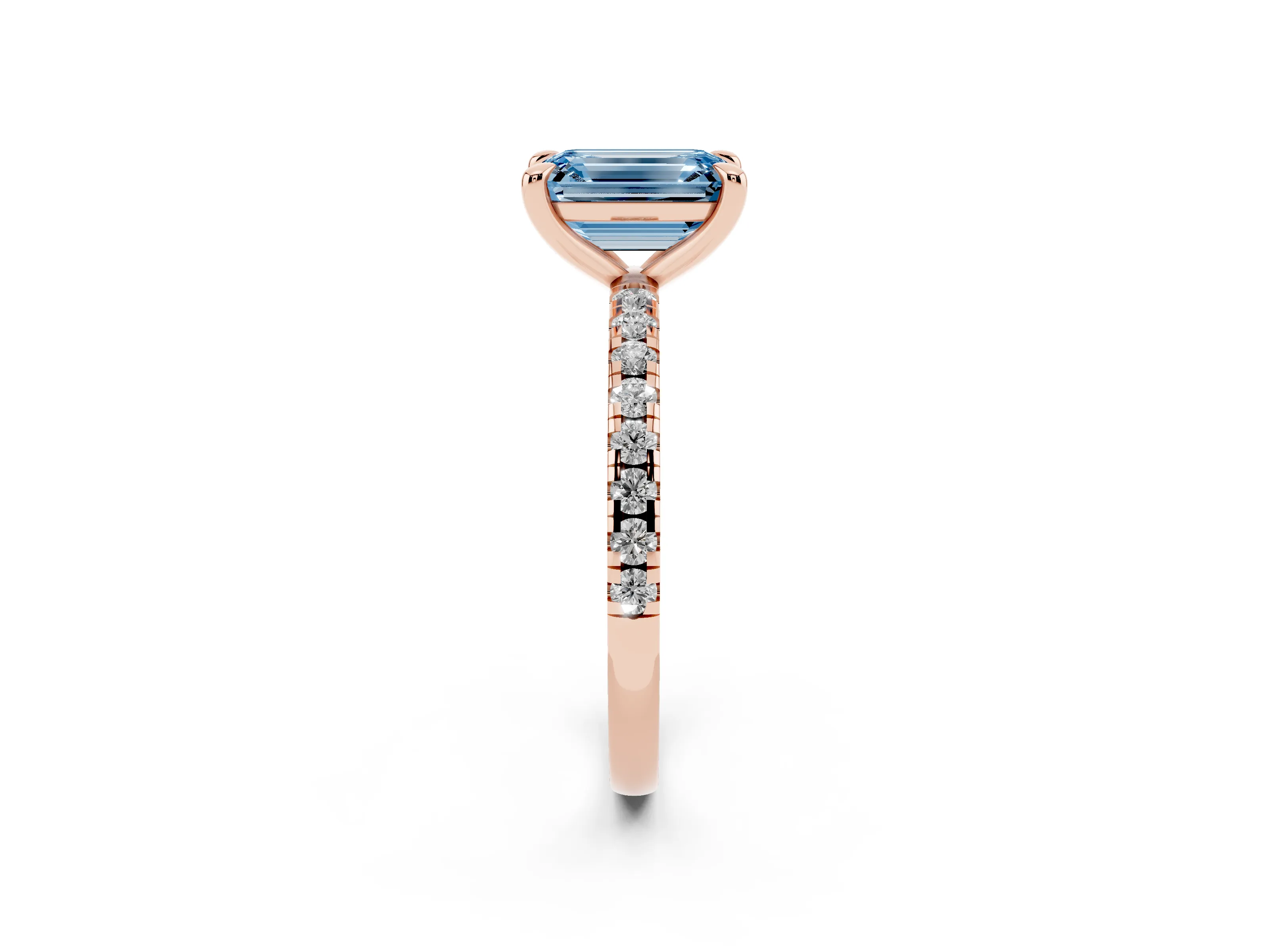 Fancy Blue Emerald Cut Diamond Brilliant Solitaire Ring Set in Rose gold with Pavé Band and Prong Setting