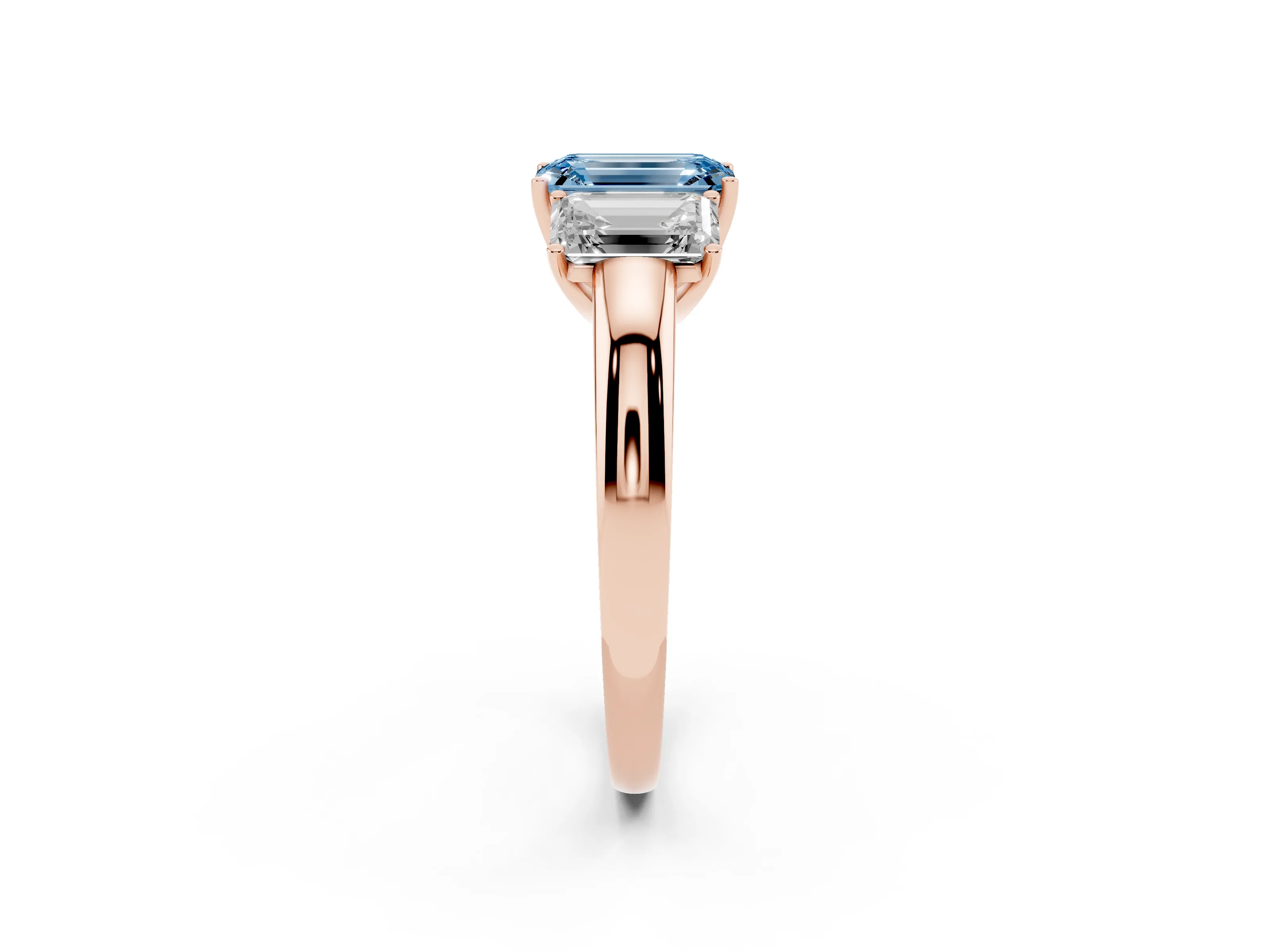 Fancy Blue Emerald Cut Diamond Three-Stone Ring Set in Rose gold with Bold Center and Classic Band