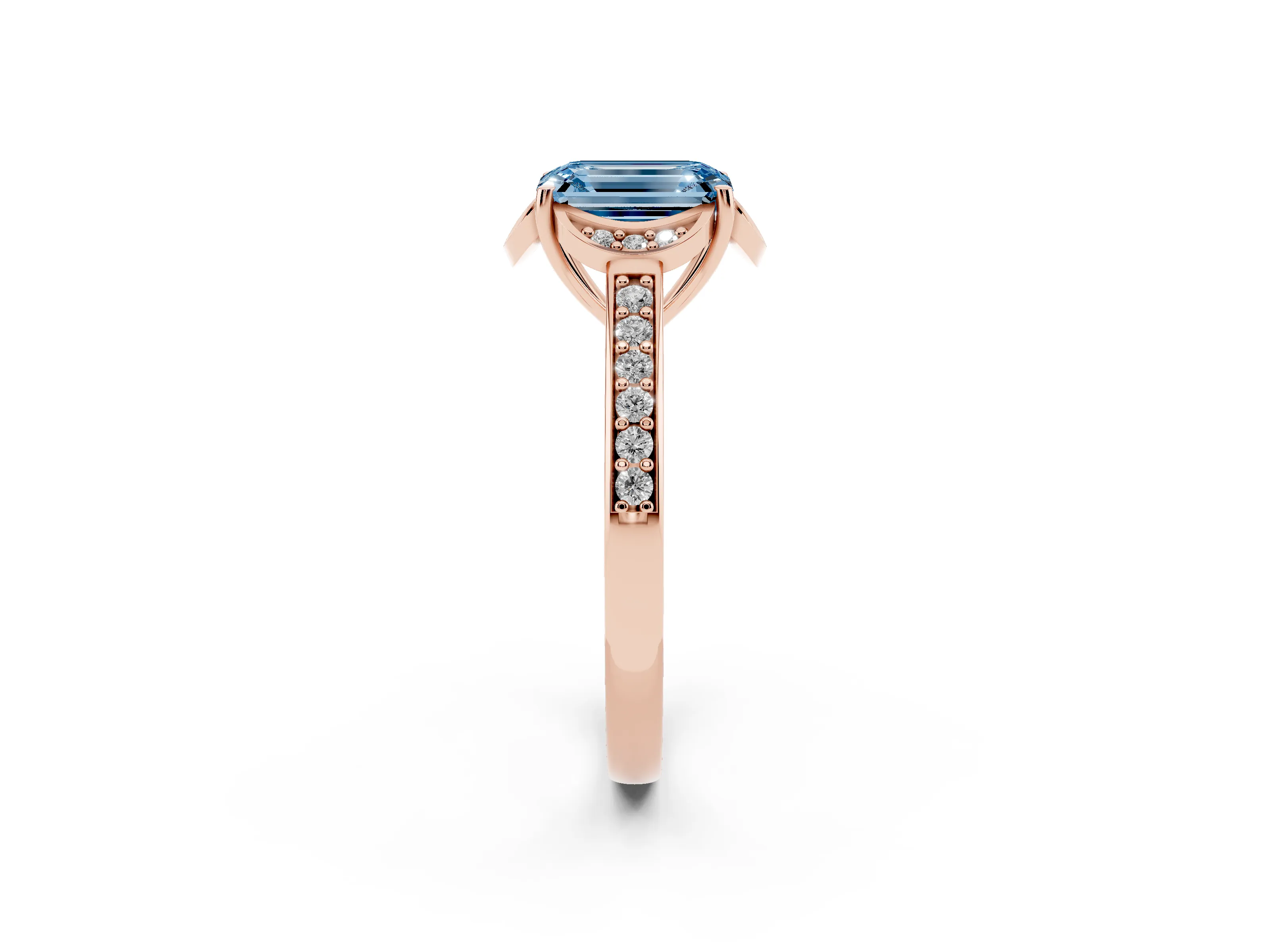 Fancy Blue Emerald Cut Diamond Halo Ring Set in Rose gold with Channel Set Band and Prong Setting
