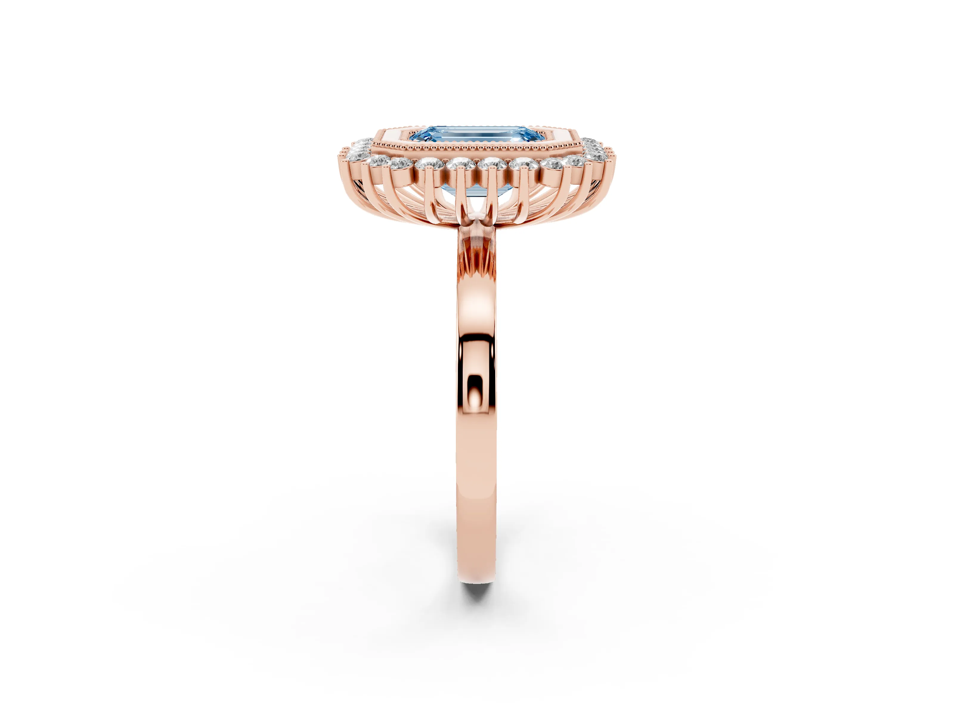 Fancy Blue Emerald Cut Diamond Halo Ring Set in Rose gold with Milgrain Edge and Round Prong Setting