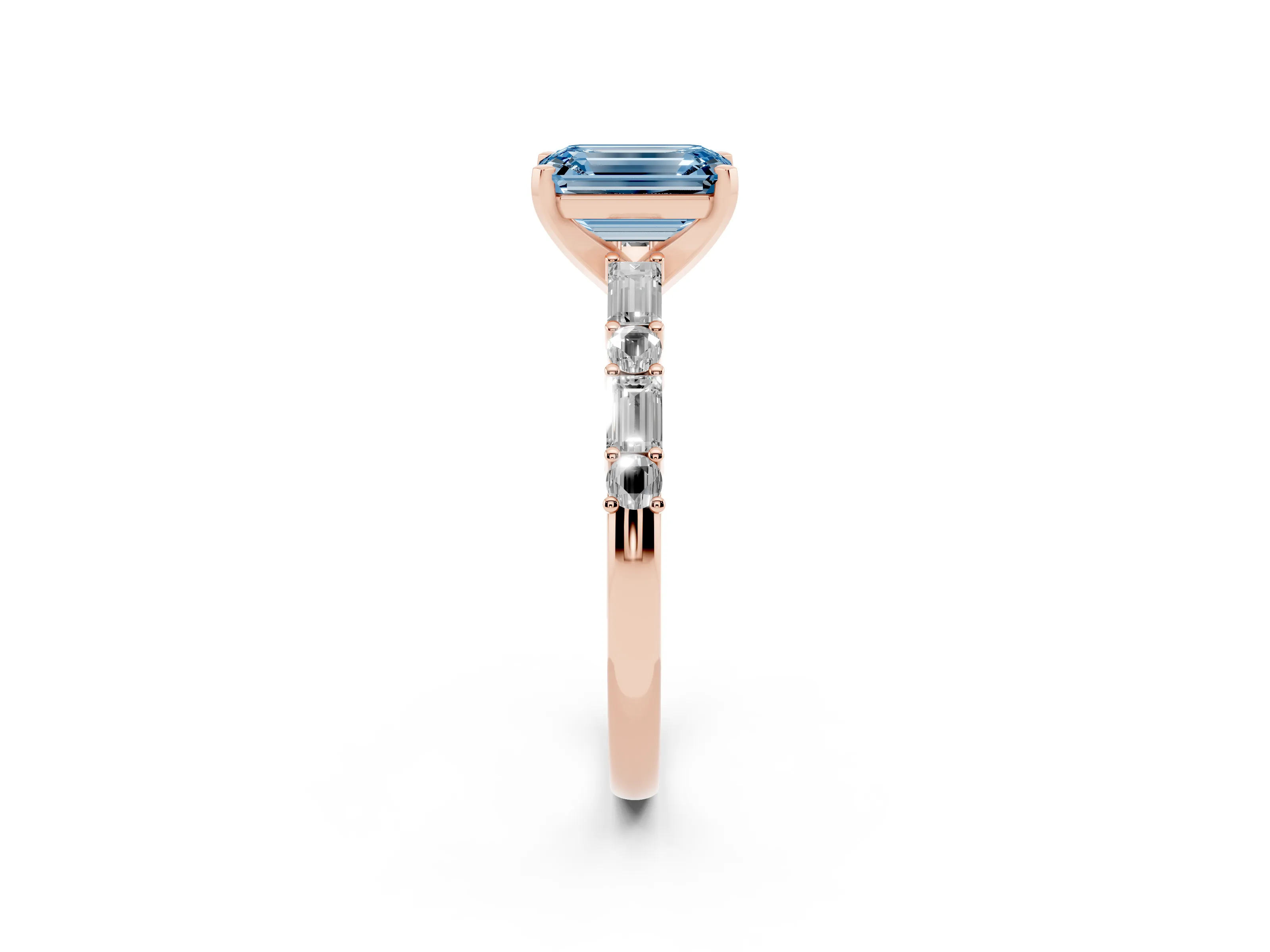 Fancy Blue Emerald Cut Diamond Solitaire Set in Rose gold with Side Baguettes and Channel Set Band