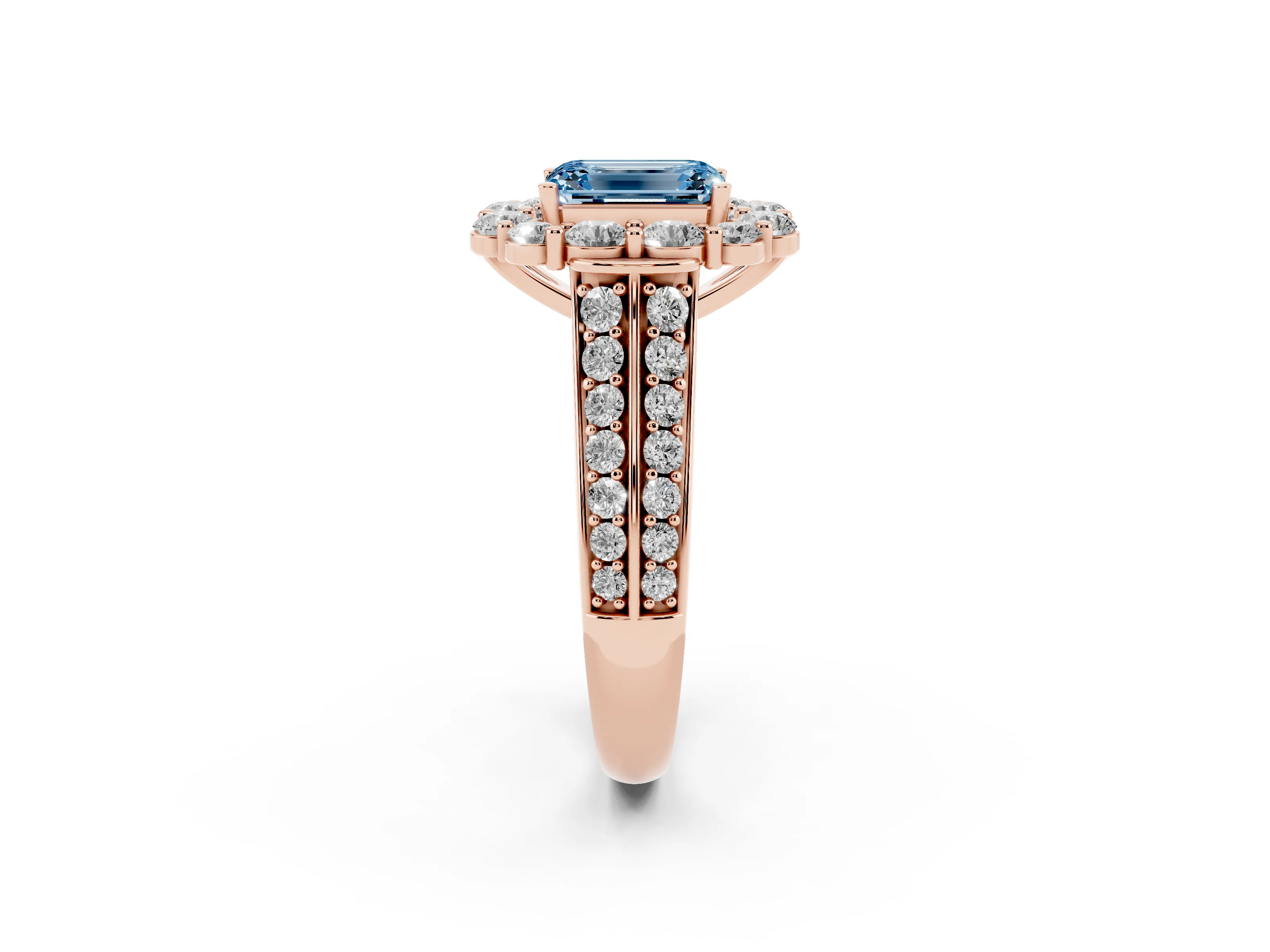 Fancy Blue Emerald Cut Diamond Halo Engagement Ring Set in Rose gold with Split Shank and Prong Setting