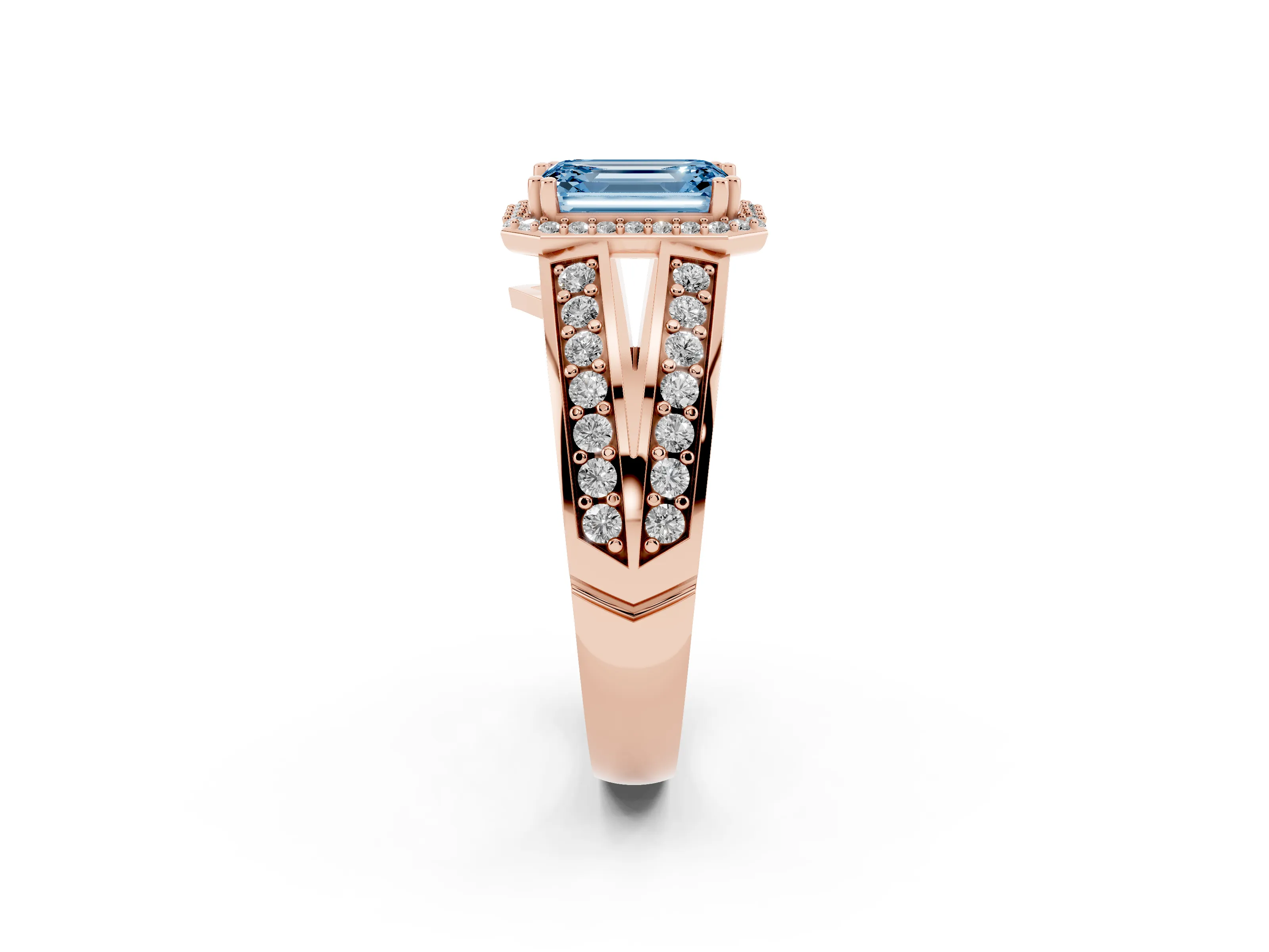 Fancy Blue Emerald Cut Diamond Halo Ring Set in Rose gold with Double Pavé Split Shank