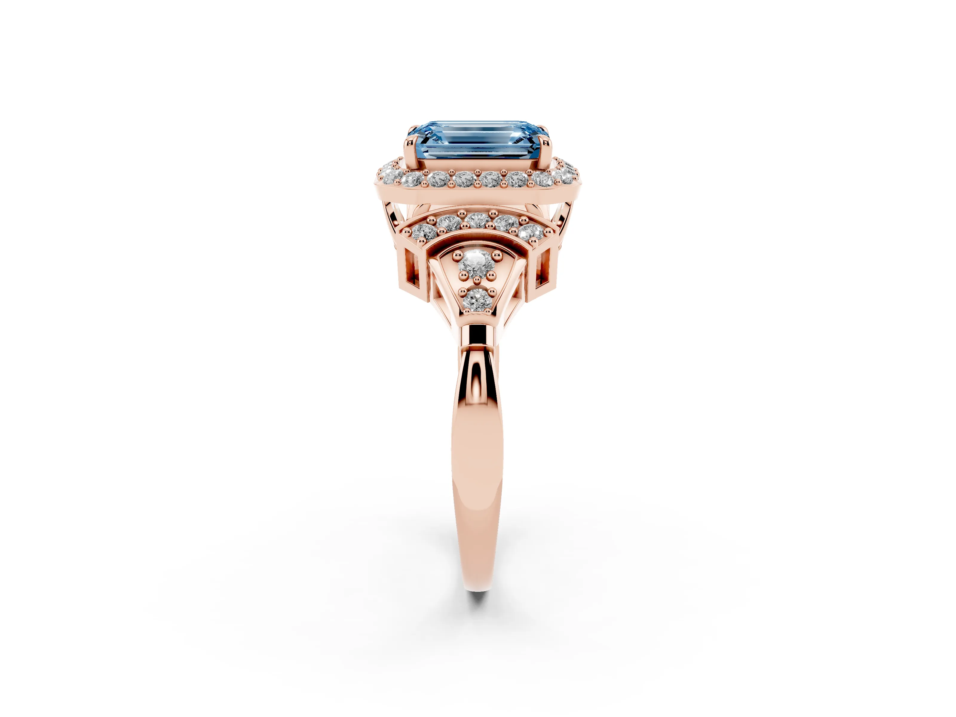 Fancy Blue Emerald Cut Diamond Halo Engagement Ring Set in Rose gold with Accent Stone Split Shank