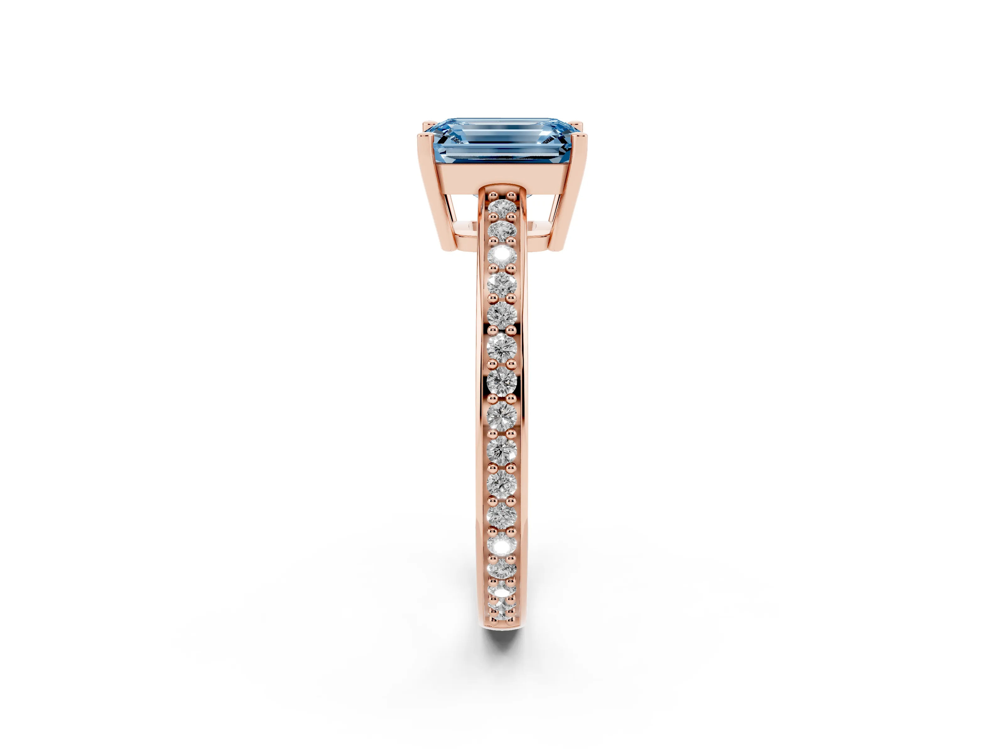 Fancy Blue Emerald Cut Diamond Pavé Band Prong Set Solitaire Ring Set in Rose gold