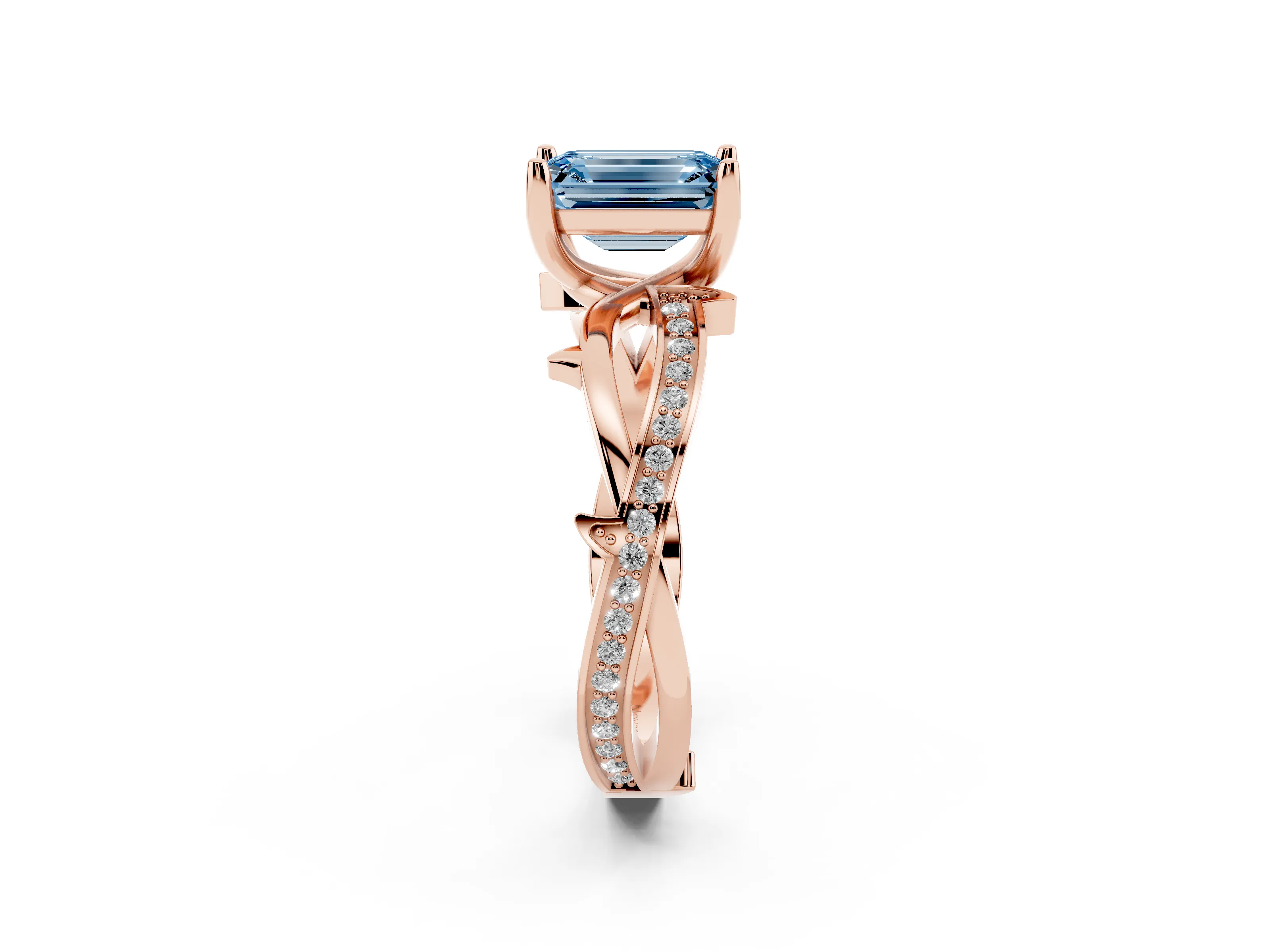 Fancy Blue Emerald Cut Diamond Pavé Twist Band Solitaire Ring Set in Rose gold with Prong Setting