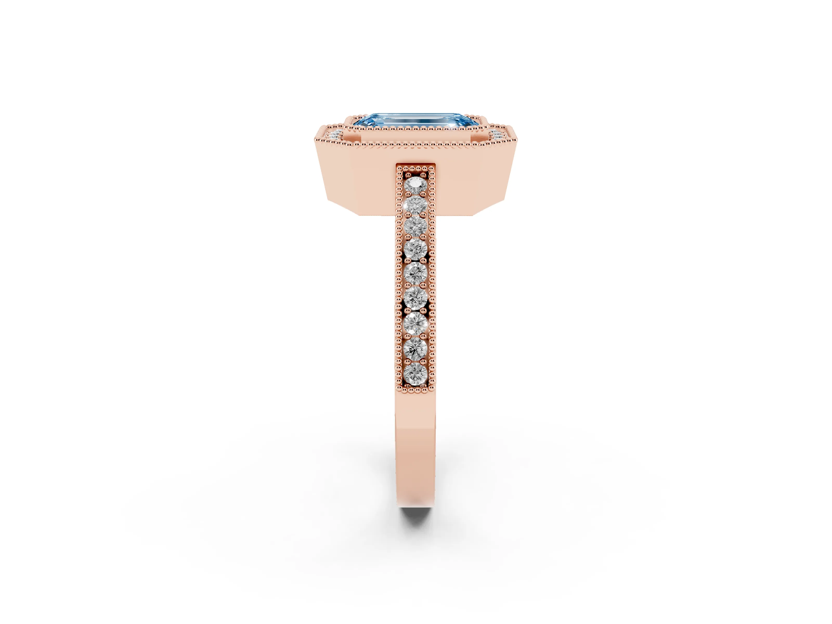 Fancy Blue Emerald Cut Diamond Round Halo Ring Set in Rose gold with Pavé Band