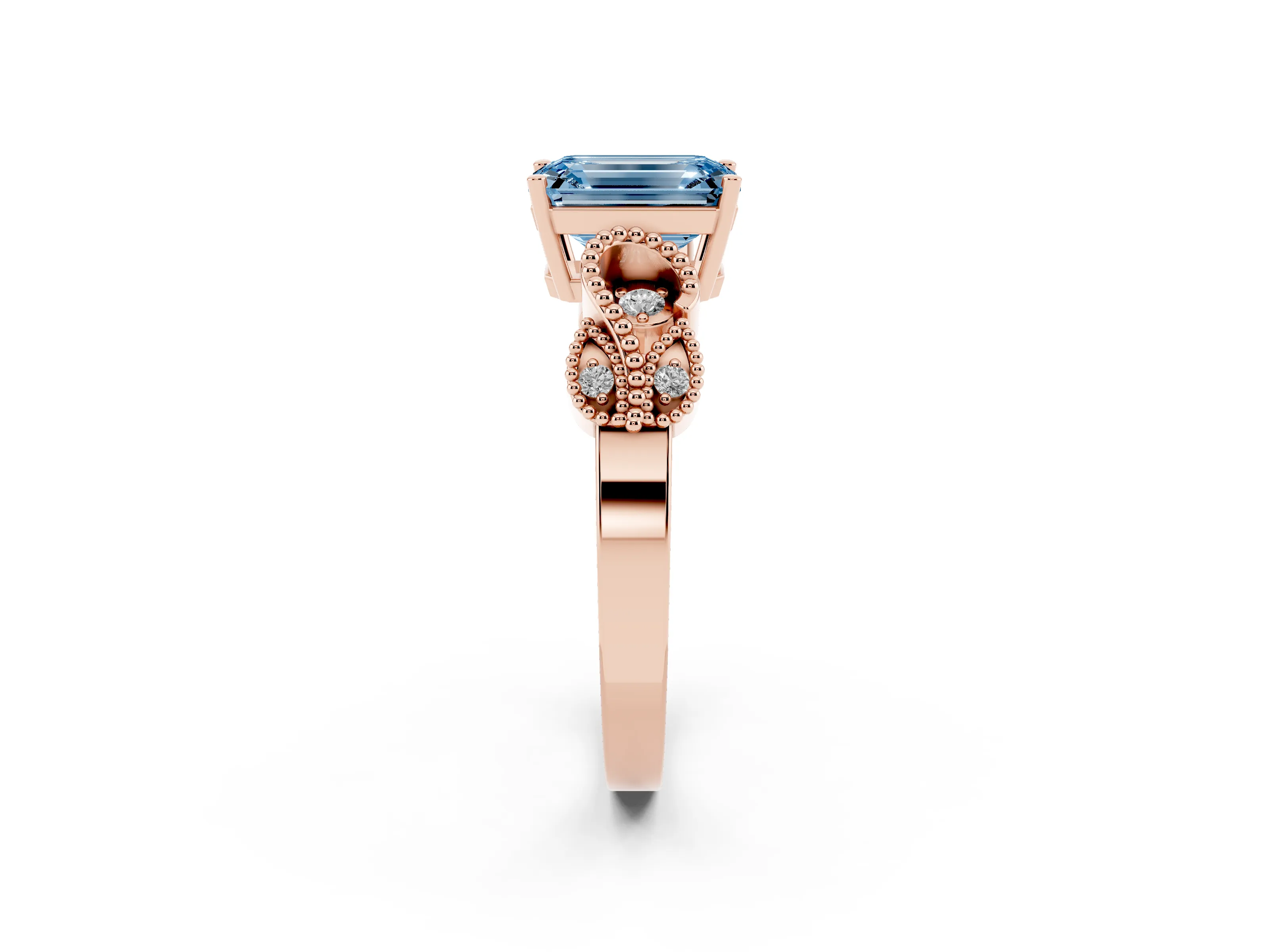Fancy Blue Emerald Cut Diamond Milgrain Leaf Band Solitaire Ring Set in Rose gold with Accent Stones and Prong Setting