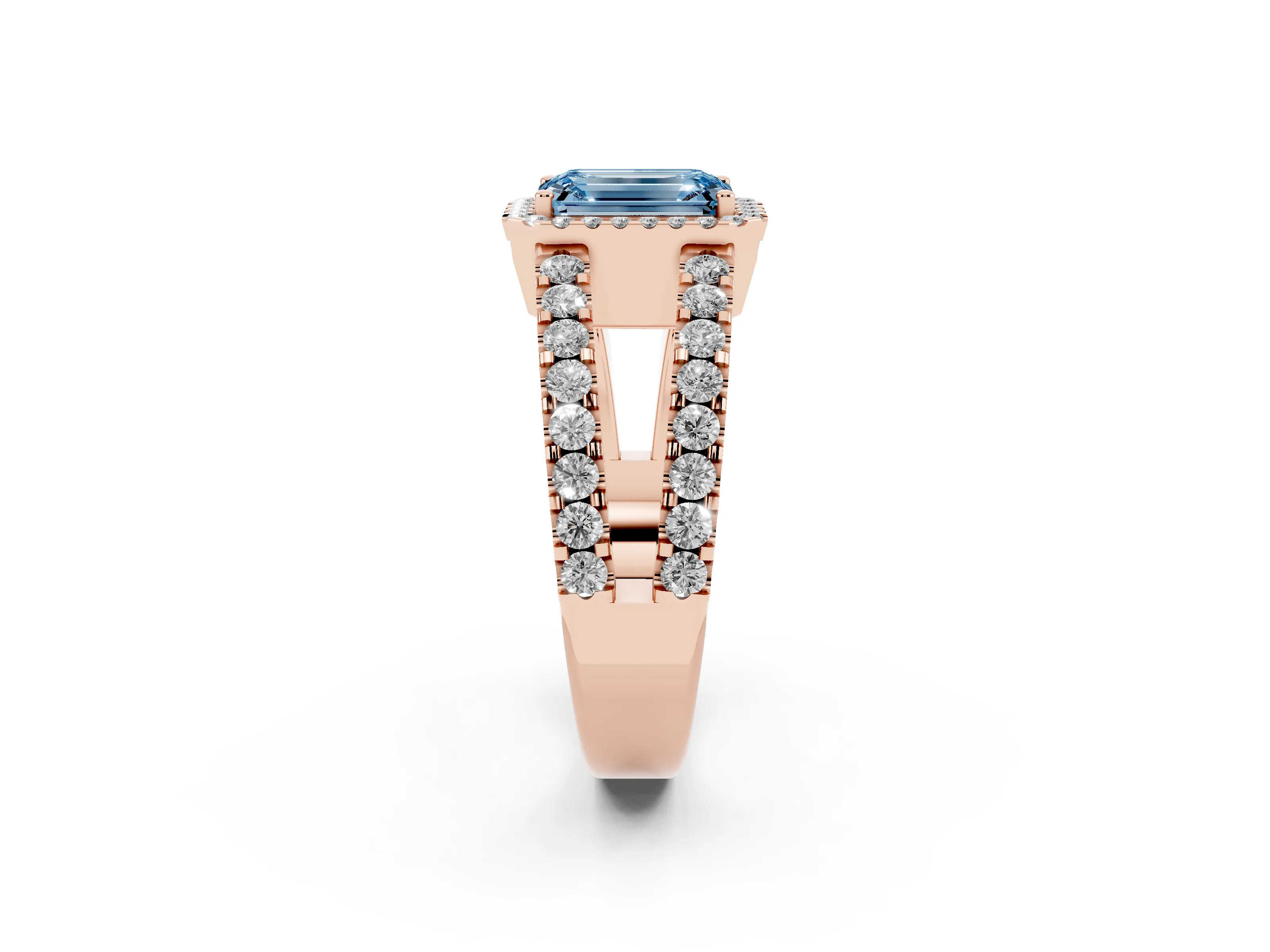 Fancy Blue Emerald Cut Diamond Halo Ring Set in Rose gold with Pavé Split Shank and Prong Setting