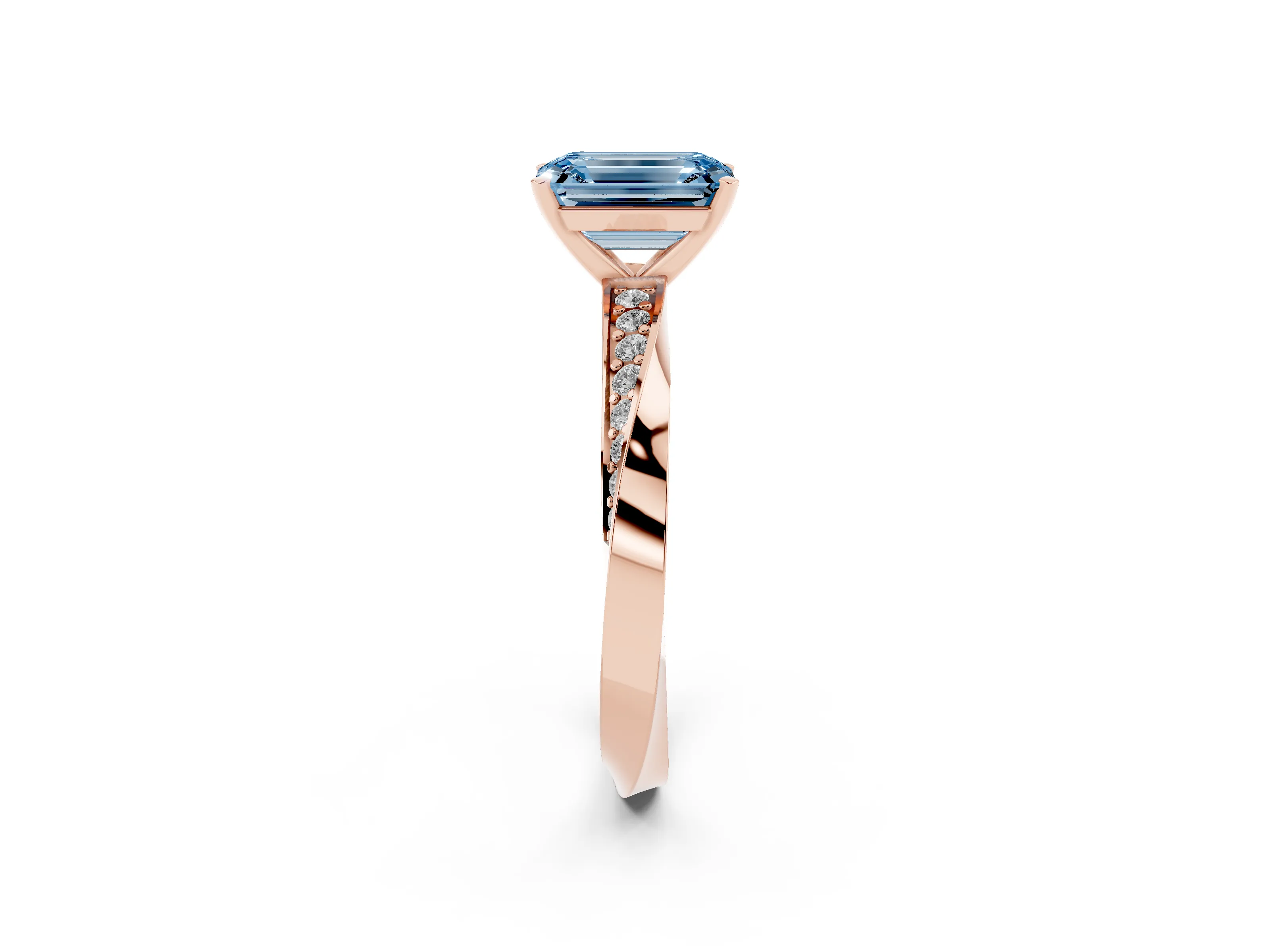 Fancy Blue Emerald Cut Diamond Engagement Ring Set in Rose gold with Side Stone Accents and Prong Setting