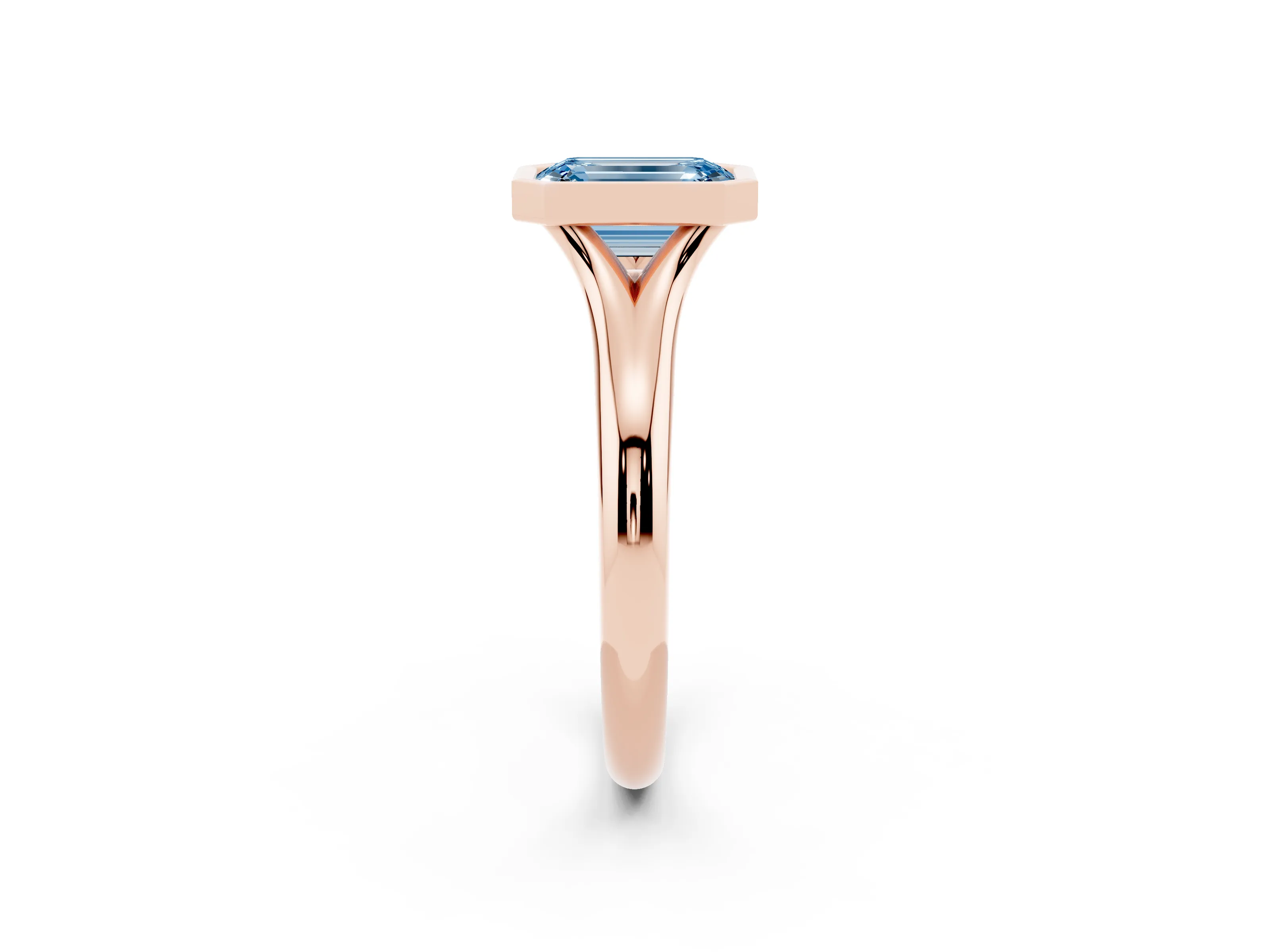 Fancy Blue Bezel Set Emerald Cut Diamond Solitaire Ring Set in Rose gold with Smooth Band