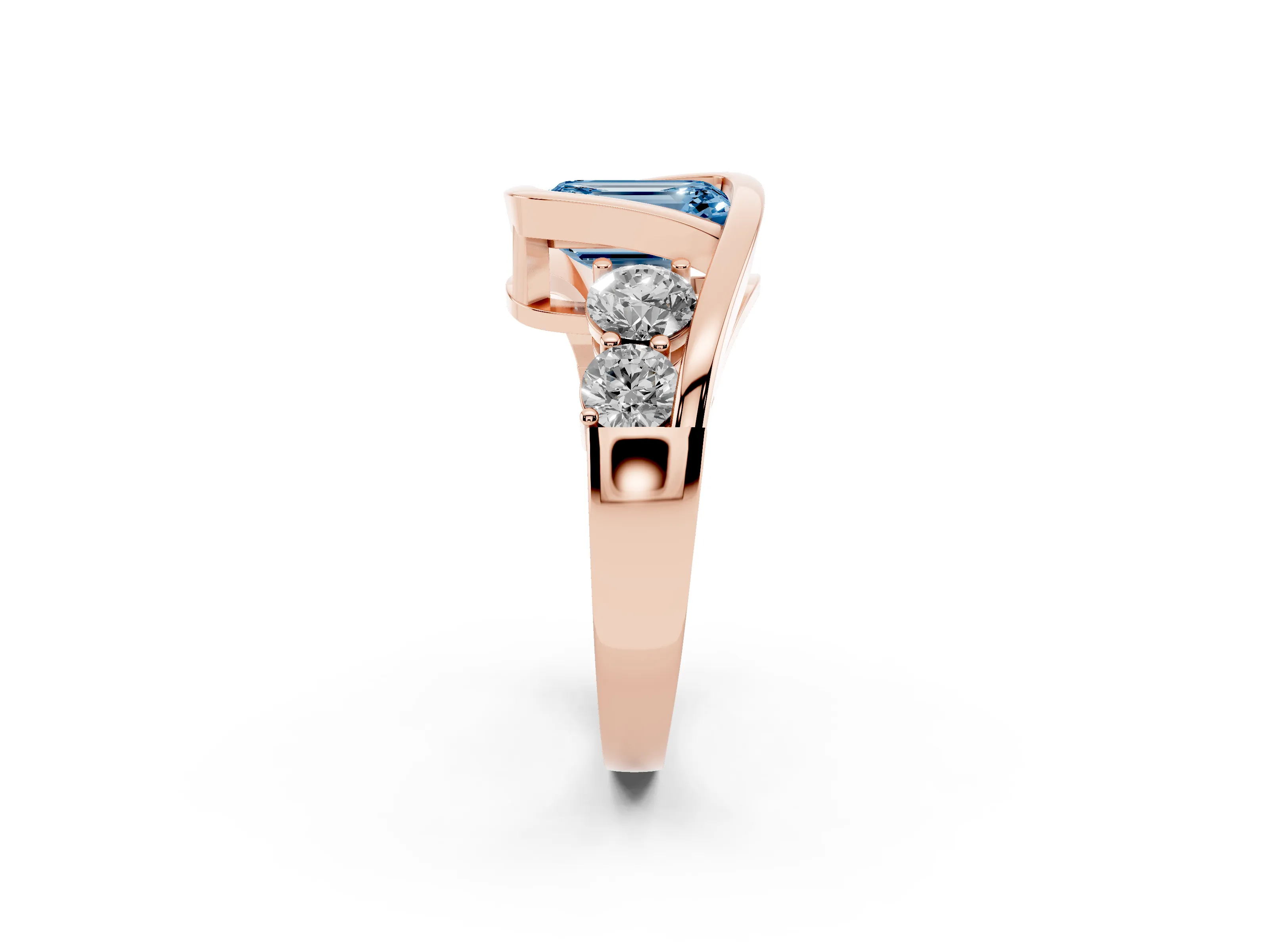 Fancy Blue Emerald Cut Diamond Bezel Bypass Ring Set in Rose gold with Round Accents