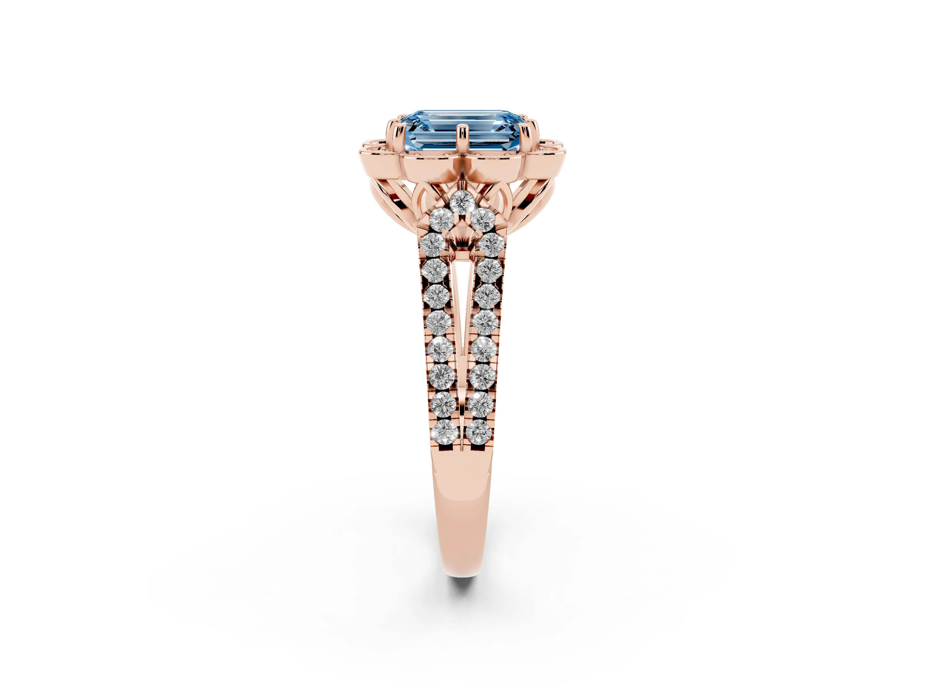 Fancy Blue Emerald Cut Diamond Floral Halo Split Shank Engagement Ring Set in Rose gold with Pavé Shank