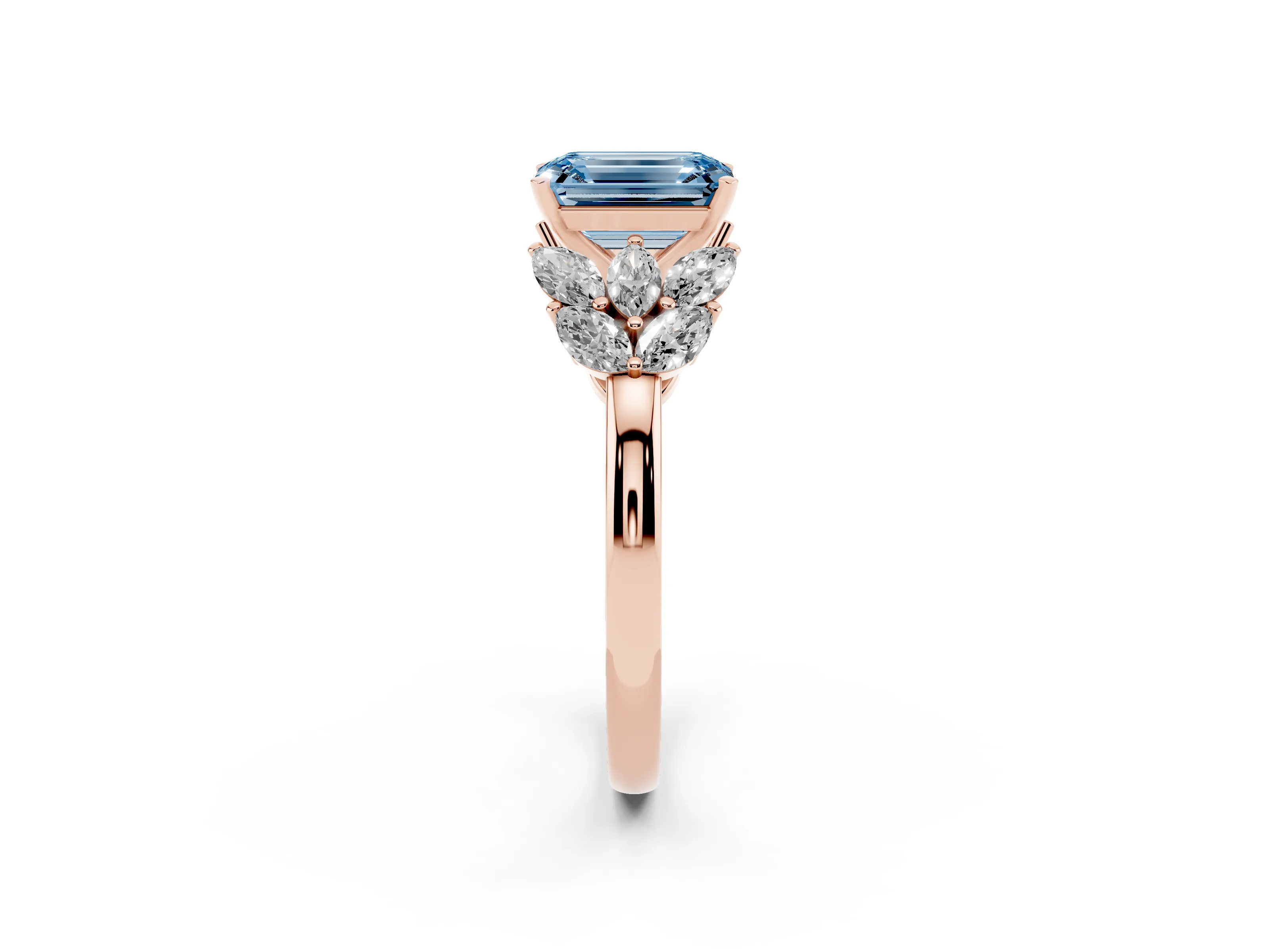 Fancy Blue Emerald Cut Diamond Cluster Leaf Design Ring Set in Rose gold with Prong Setting