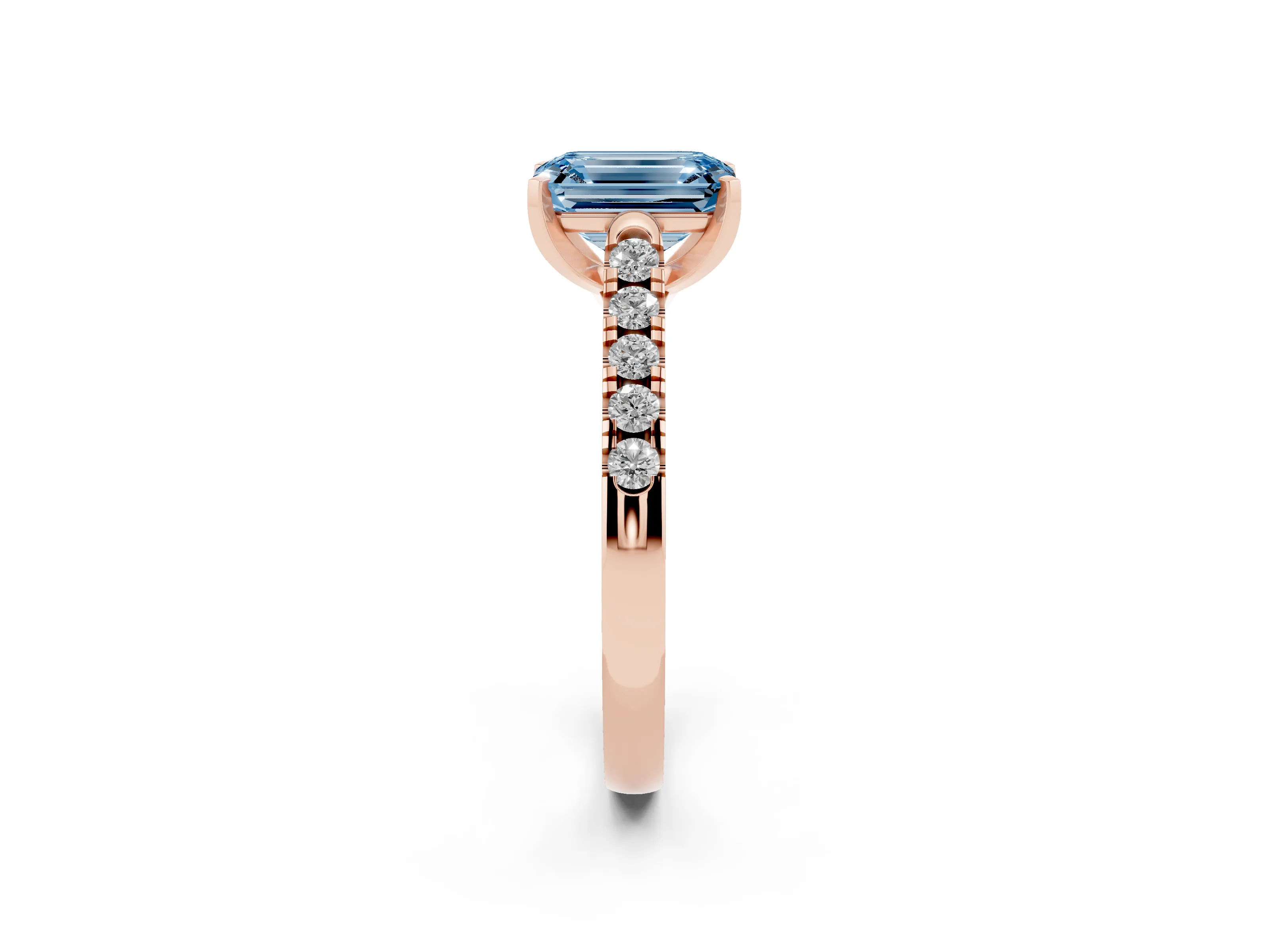 Fancy Blue Emerald Cut Diamond Pavé Band Solitaire Ring Set in Rose gold with Partway Accent Stones and Prong Setting