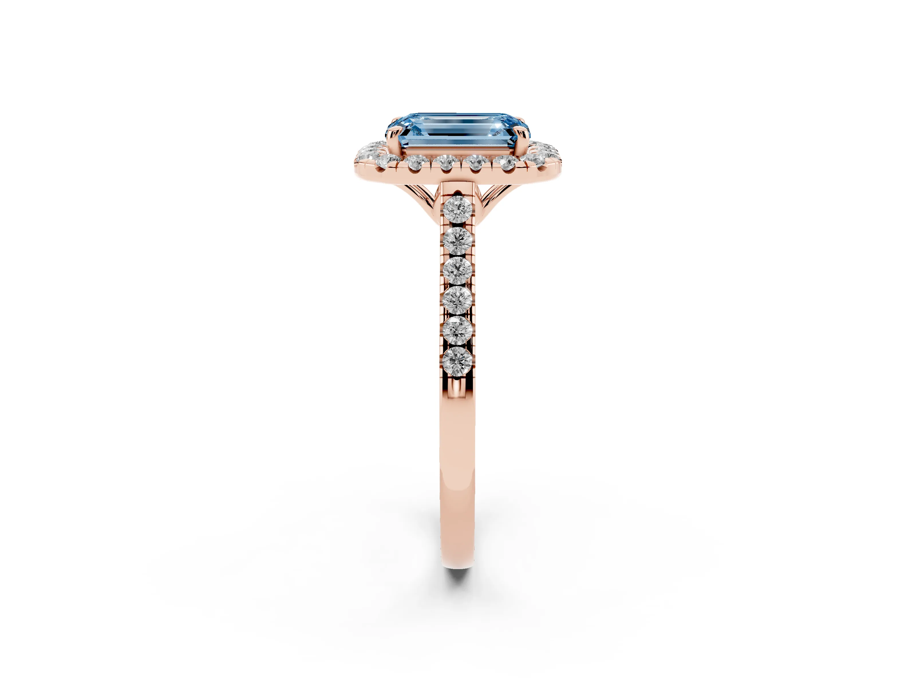 Fancy Blue Emerald Cut Diamond Pavé Halo Engagement Ring Set in Rose gold with Pavé Band and Prong Setting