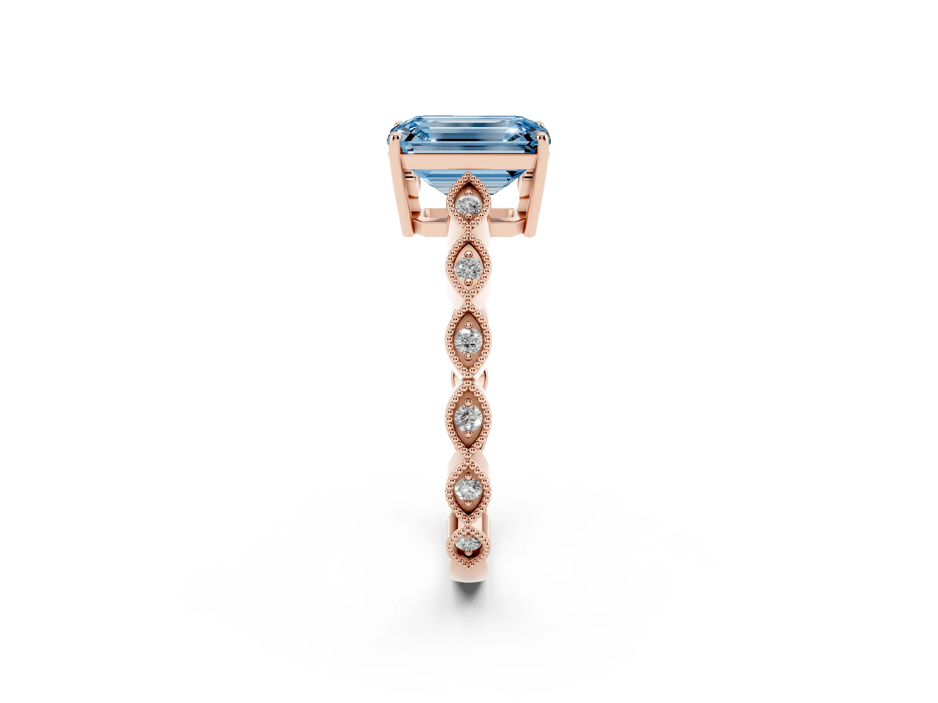Fancy Blue Emerald Cut Diamond Solitaire Ring Set in Rose gold with Infinity Twist Pavé Band