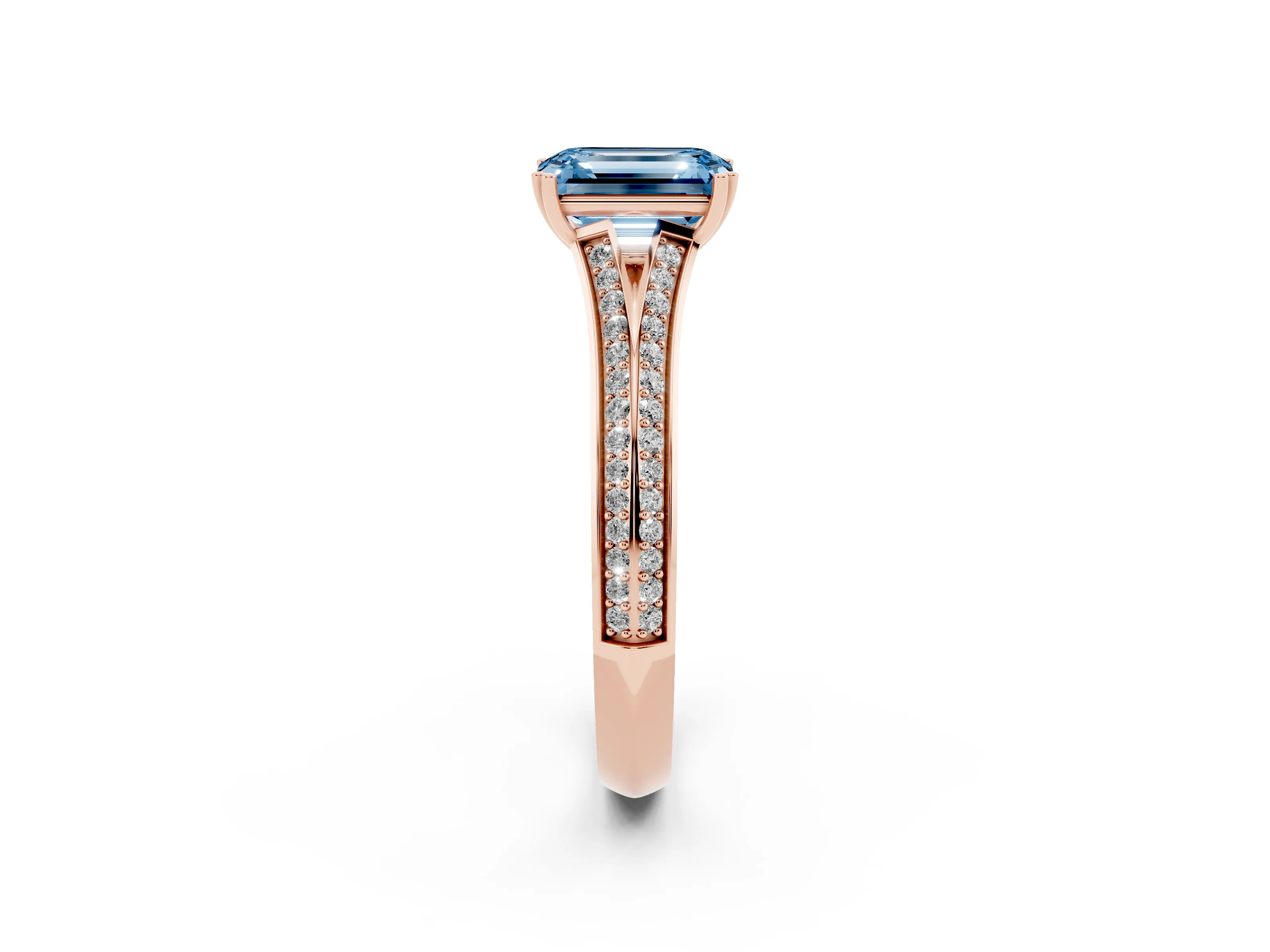 Fancy Blue Emerald Cut Diamond Split Shank Pavé Engagement Ring Set in Rose gold with Prong-Set Center Stone