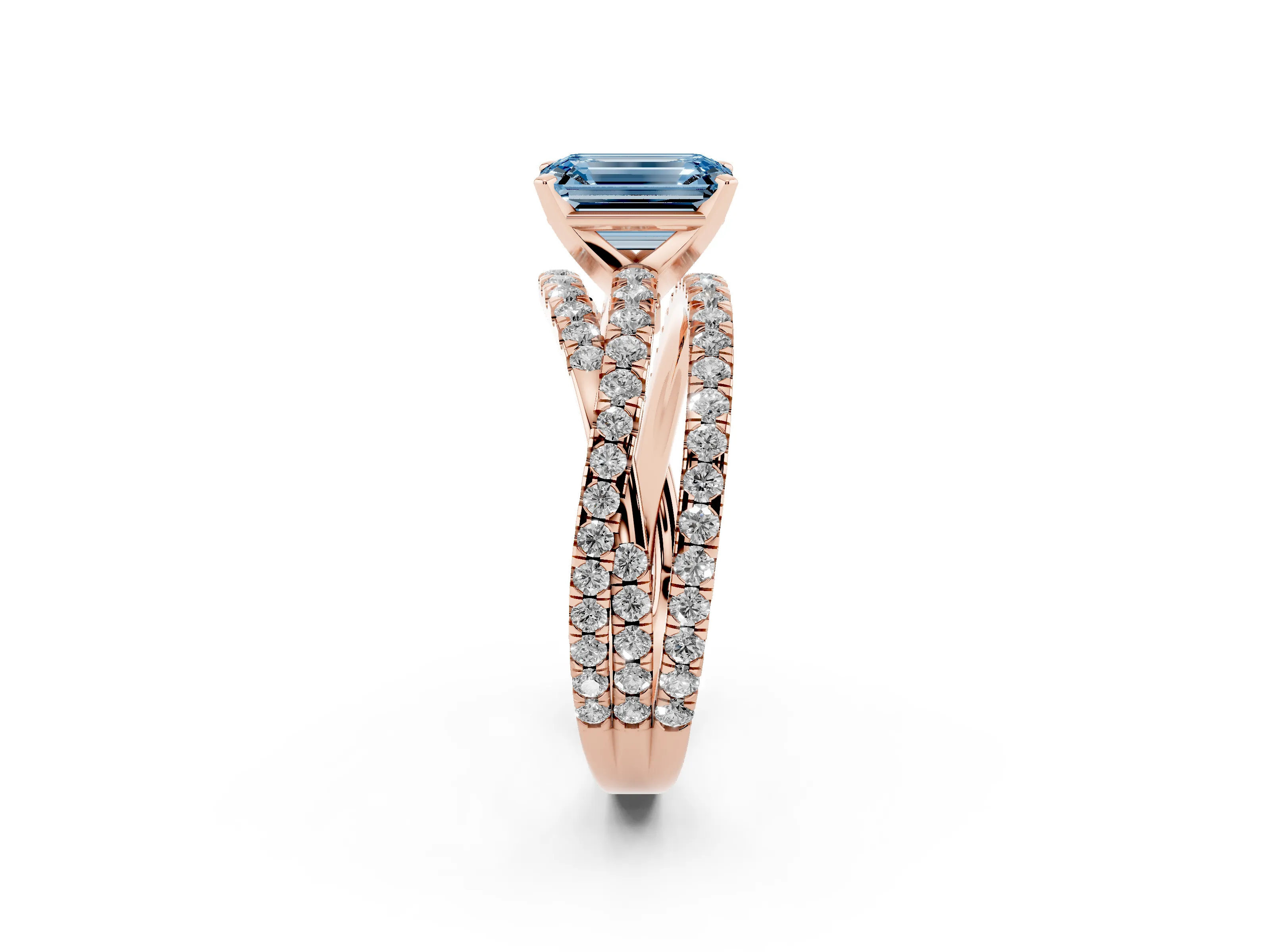 Fancy Blue Emerald Cut Diamond Solitaire Twist Band Ring Set in Rose gold with Pavé Setting and Prong Head