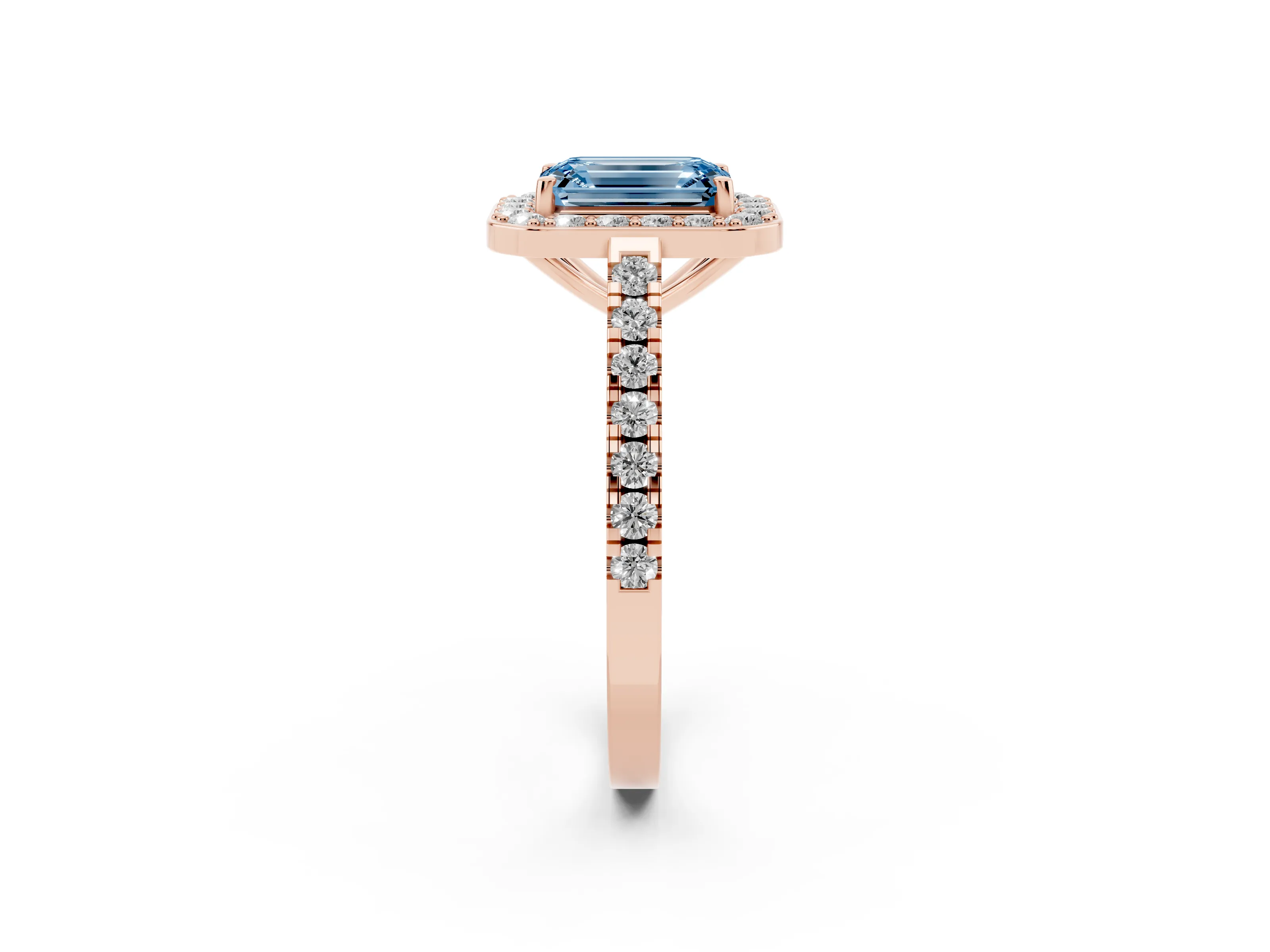 Fancy Blue Emerald Cut Diamond Halo Ring Set in Rose gold with Round Pavé Split Shank and Prong Setting