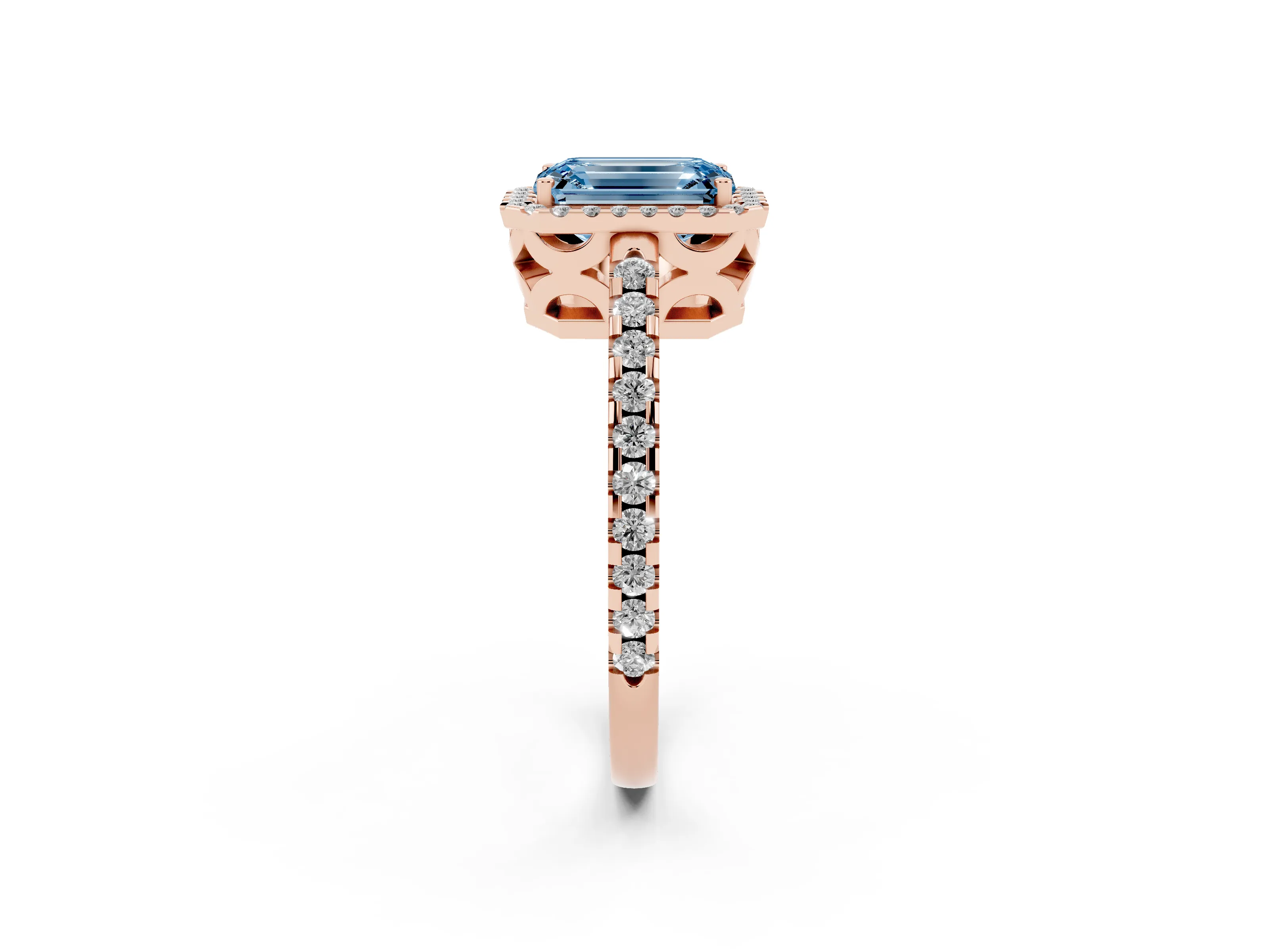 Fancy Blue Emerald Cut Diamond Halo Ring Set in Rose gold with Pavé Shoulders and Halo-Framed Center
