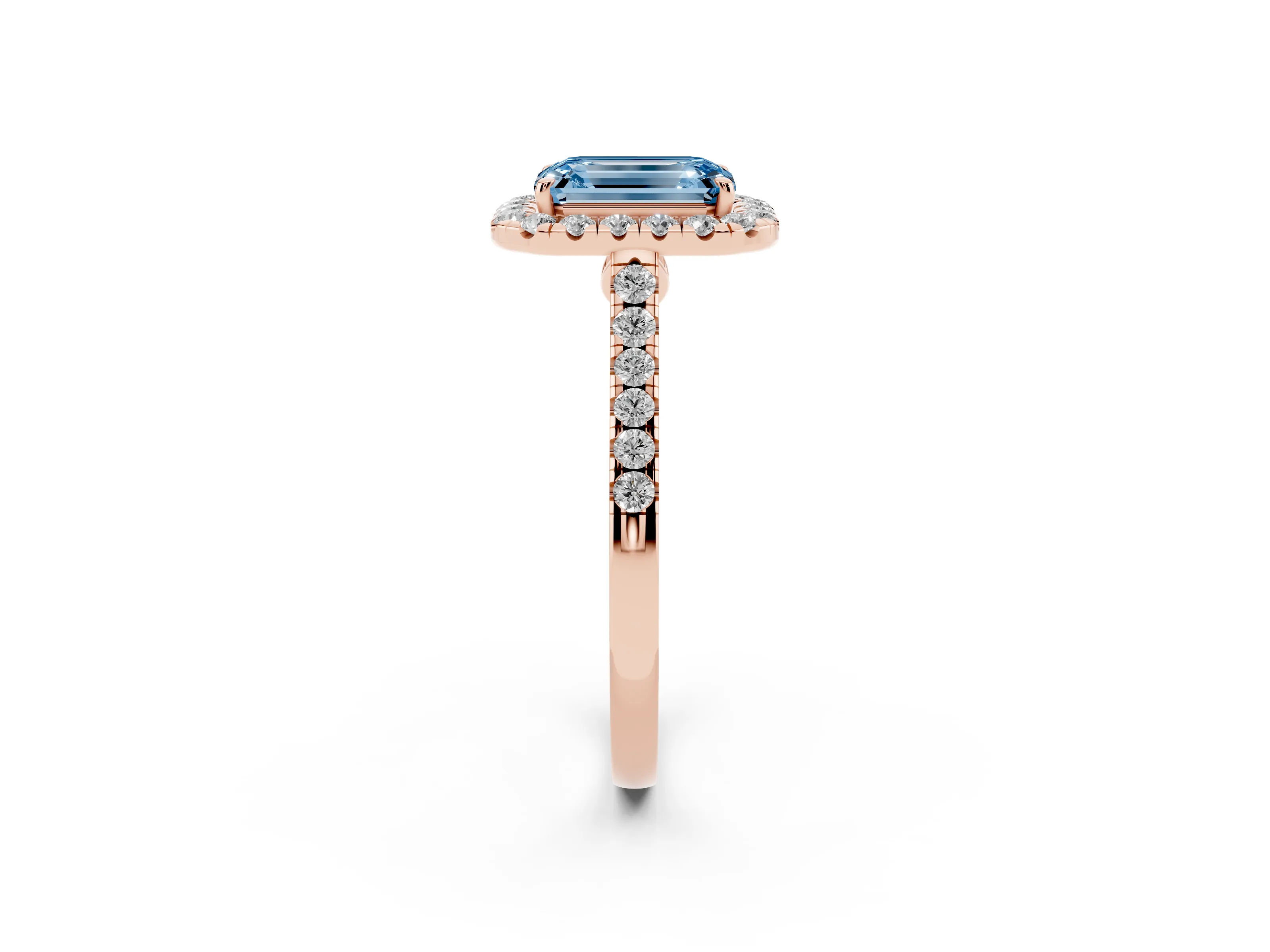 Fancy Blue Emerald Cut Diamond Halo Pavé Engagement Ring Set in Rose gold with Prong Setting