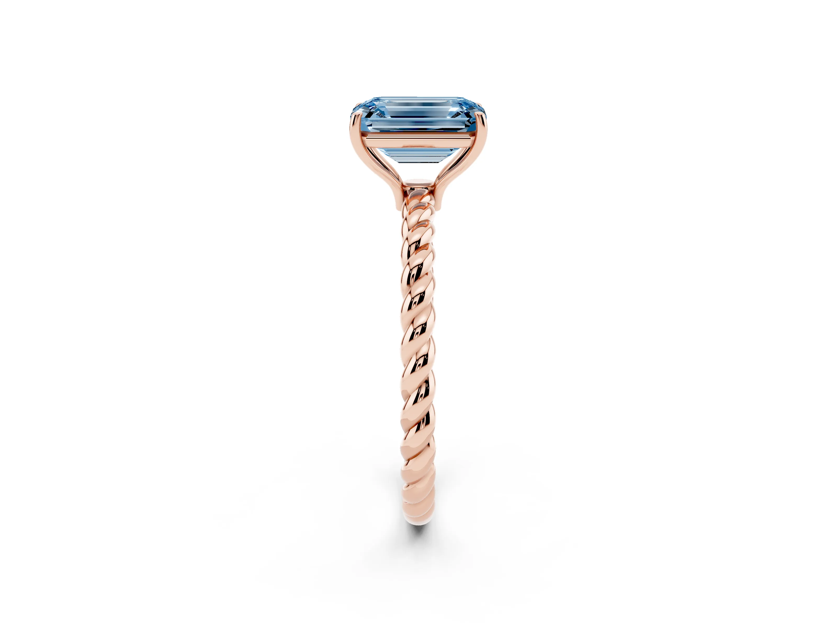 Fancy Blue Emerald Cut Diamond Solitaire Ring Set in Rose gold with Twist Band and Prong Setting