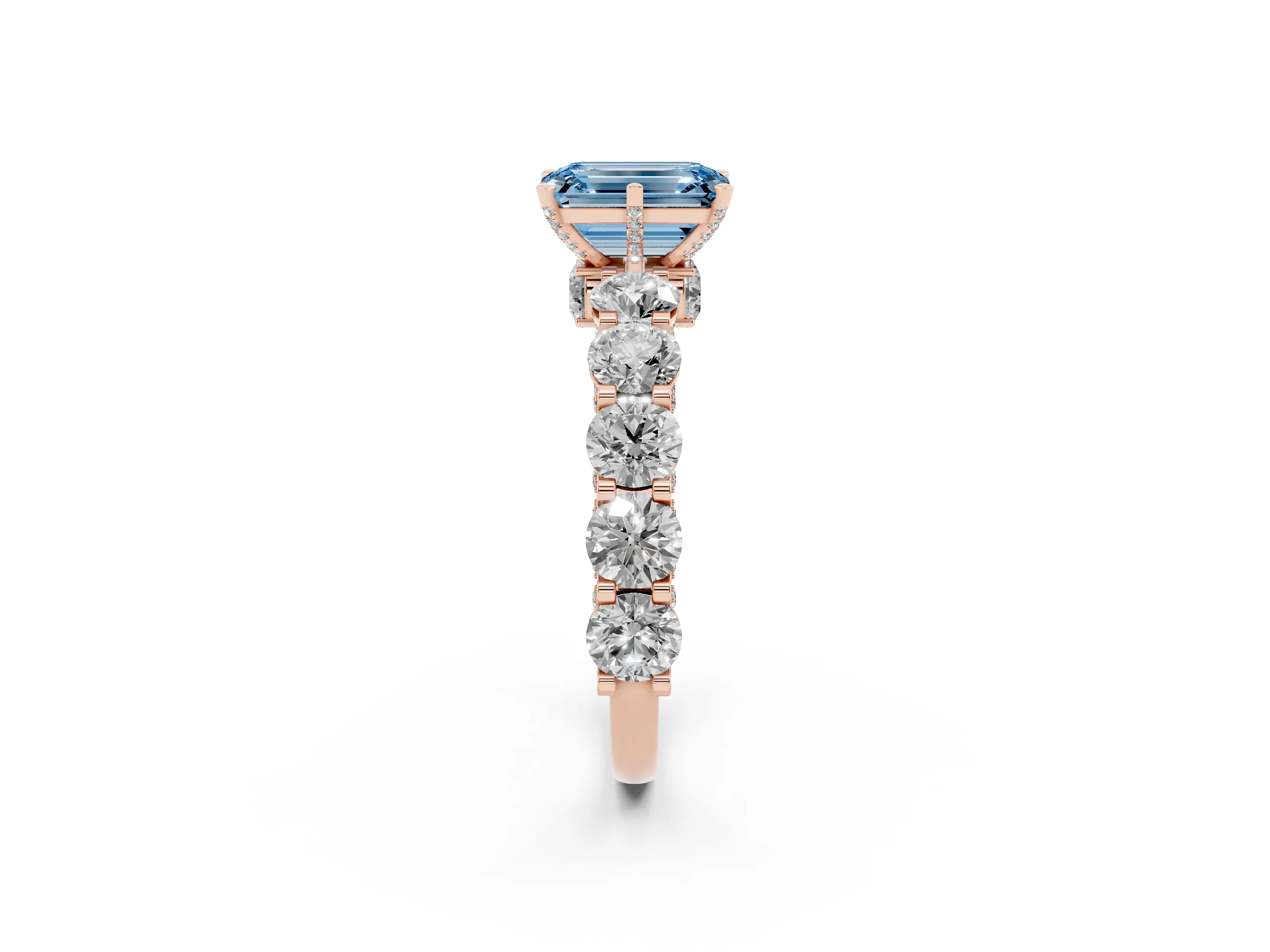 Fancy Blue Emerald Cut Diamond Side Stone Ring Set in Rose gold with Alternating Round and Oval Side Stones