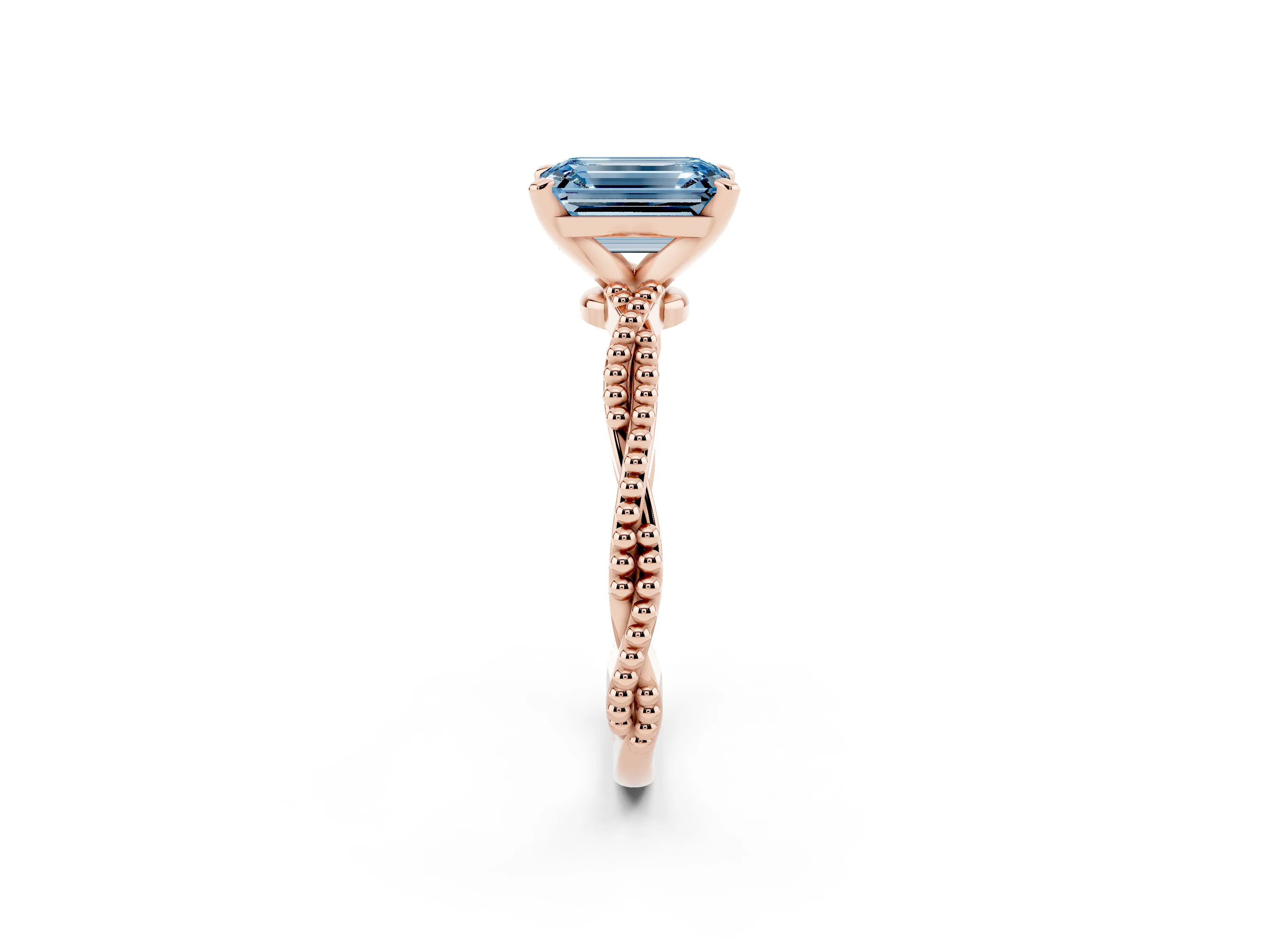 Fancy Blue Emerald Cut Diamond Solitaire Ring Set in Rose gold with Twisted Band and Bead Prong Setting