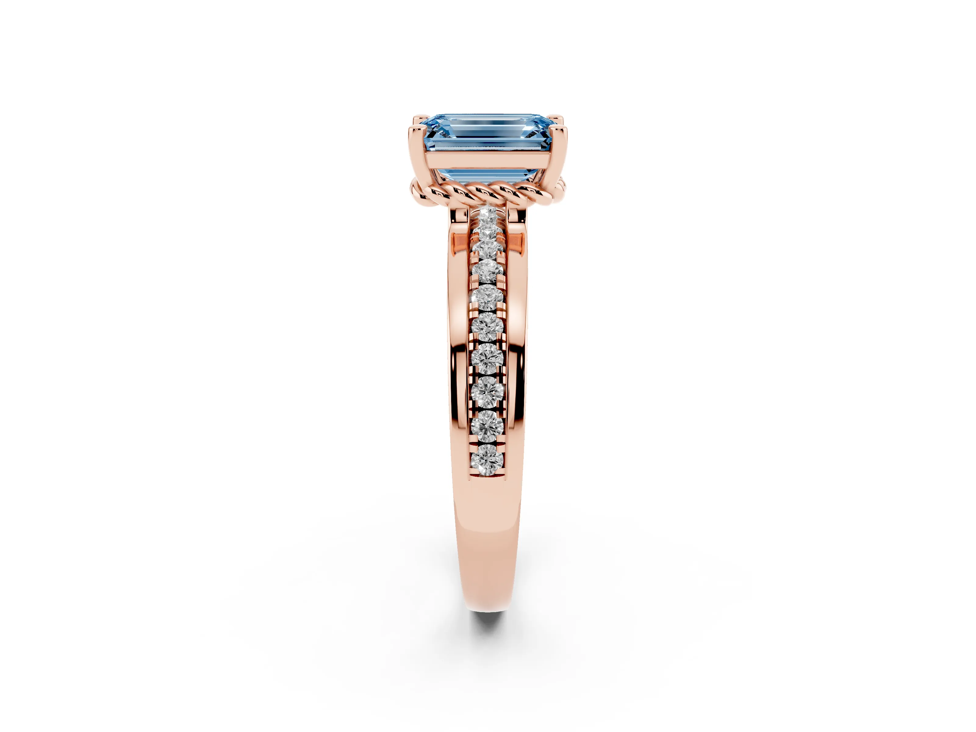 Fancy Blue Emerald Cut Diamond Solitaire Ring Set in Rose gold with Channel Set Band and Prong Setting