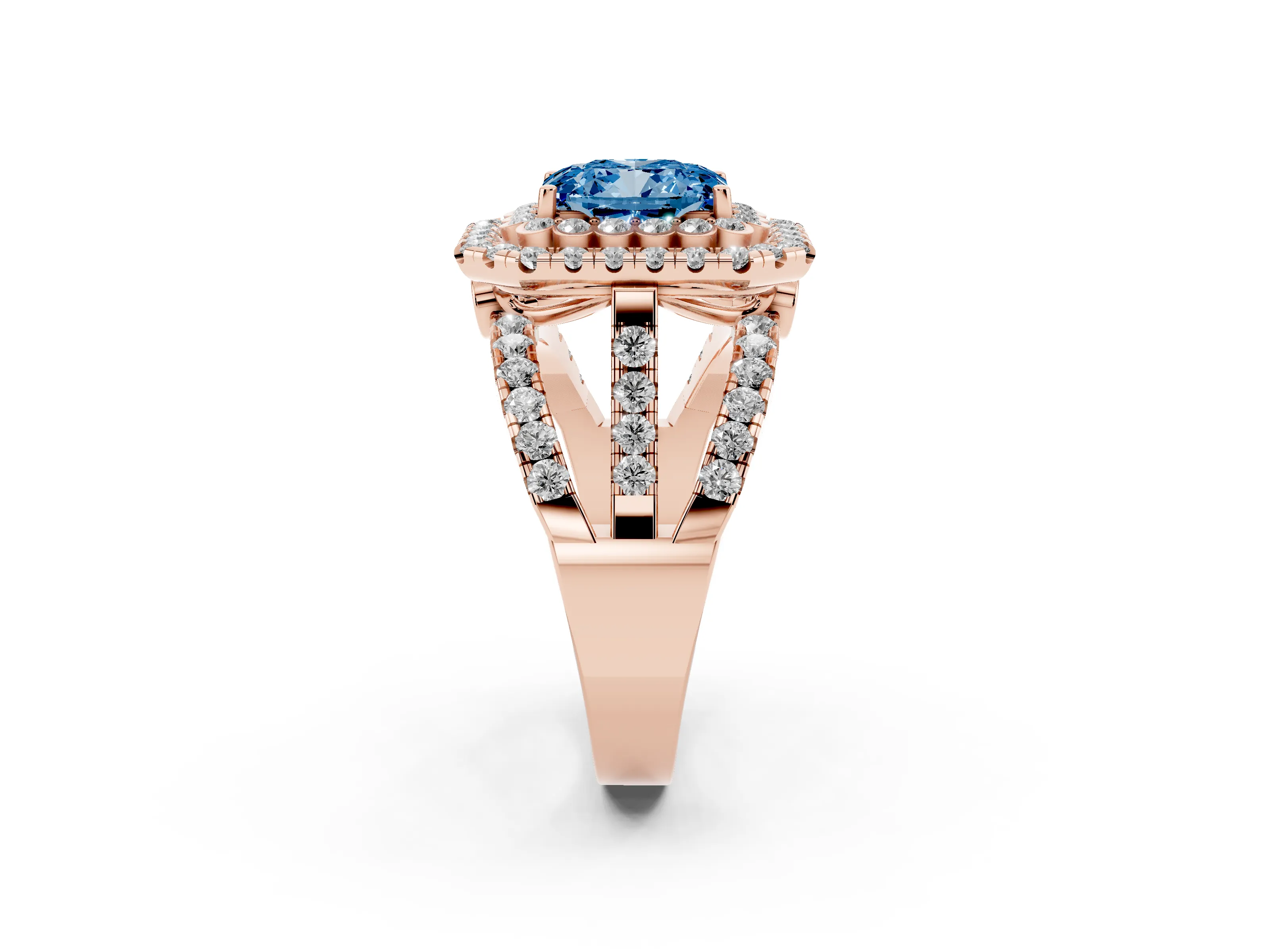 Fancy Blue Emerald Cut Diamond Double Halo Ring Set in Rose gold with Round Pavé Split Shank