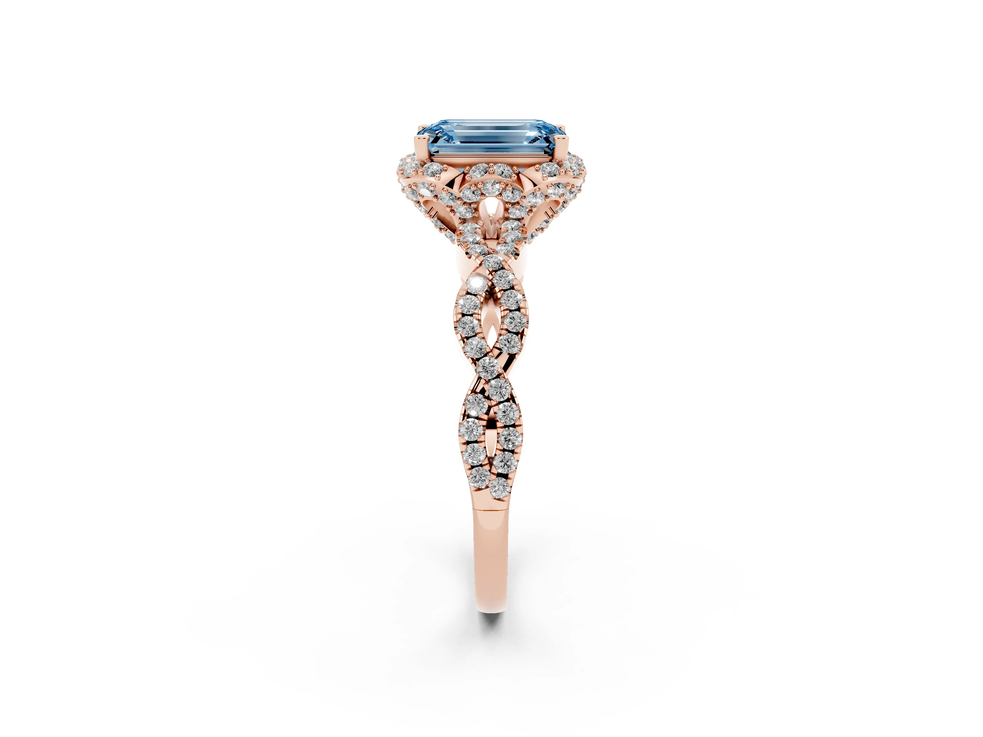 Fancy Blue Emerald Cut Diamond Halo Twist Band Solitaire Ring Set in Rose gold with Prong-Set Center Stone