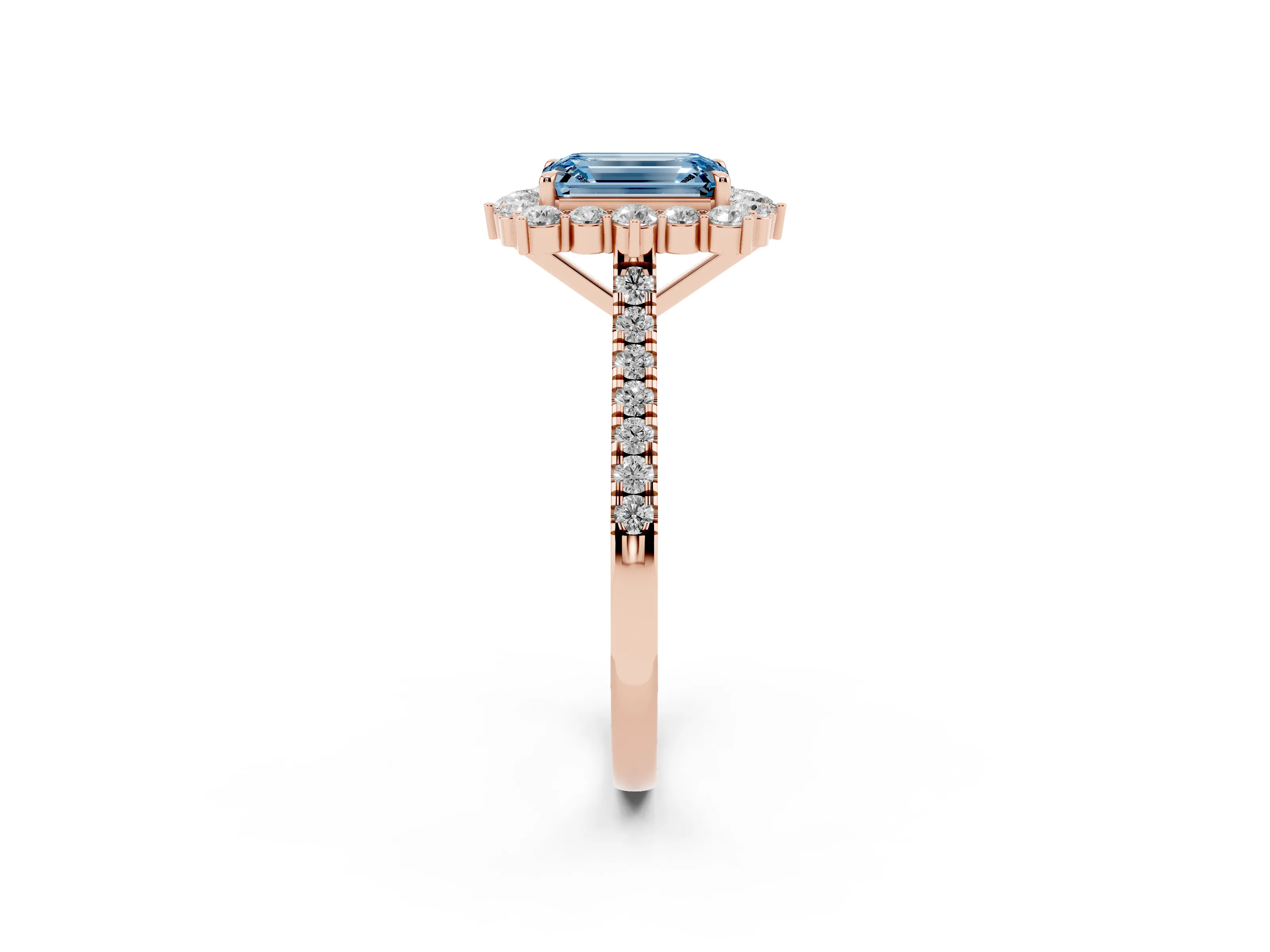 Fancy Blue Emerald Cut Diamond Halo Ring Set in Rose gold with Pavé Band and Prong Setting