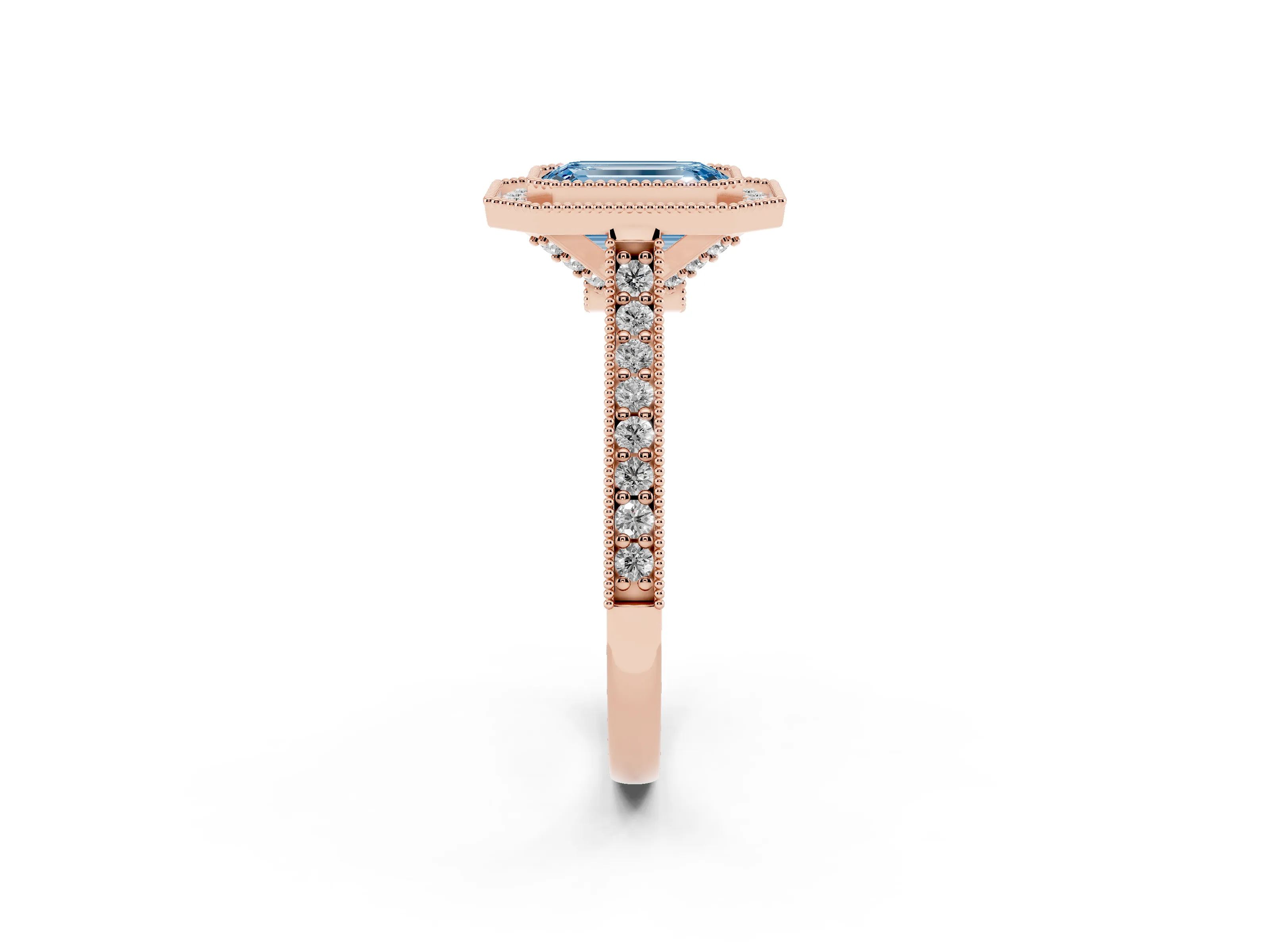 Fancy Blue Emerald Cut Diamond Halo Milgrain Pavé Band Ring Set in Rose gold with Prong Setting