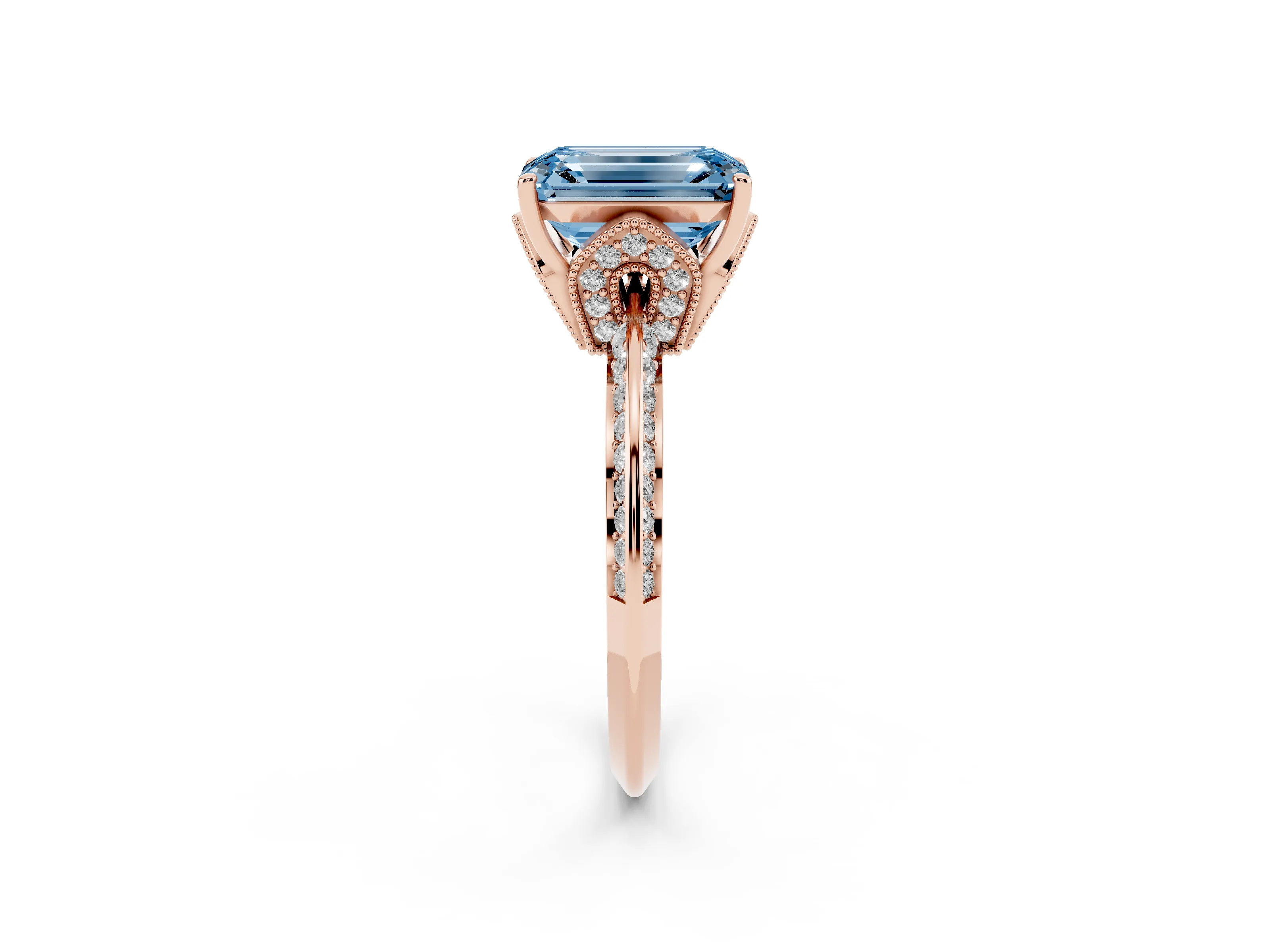 Fancy Blue Emerald Cut Diamond Solitaire Engagement Ring Set in Rose gold with Pavé Split Shank and Prong Setting