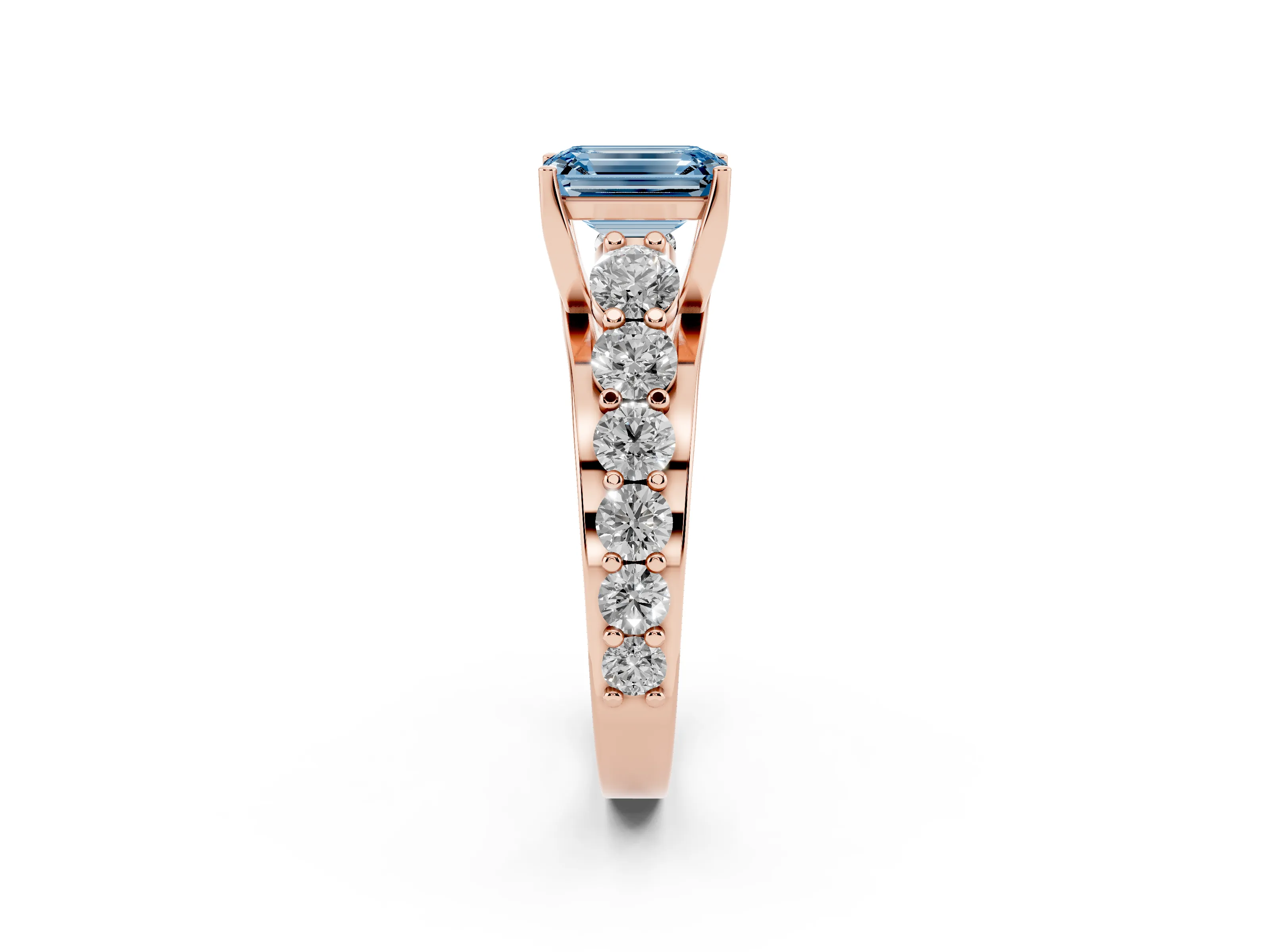 Fancy Blue Emerald Cut Diamond Pavé Engagement Ring Set in Rose gold with Prong Setting