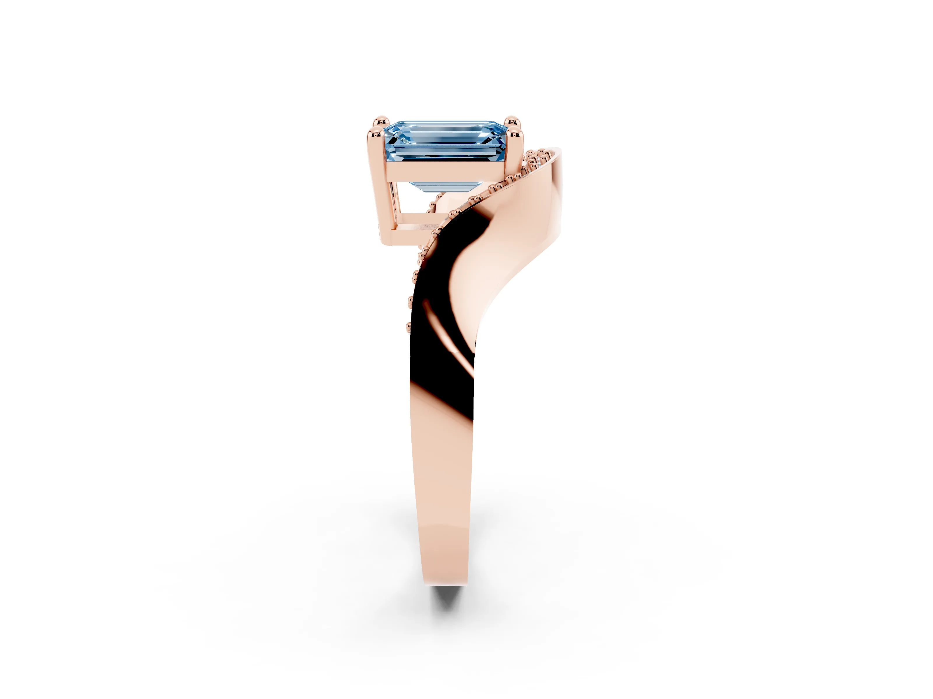 Fancy Blue Emerald Cut Diamond Solitaire Engagement Ring Set in Rose gold with Pavé Shoulders