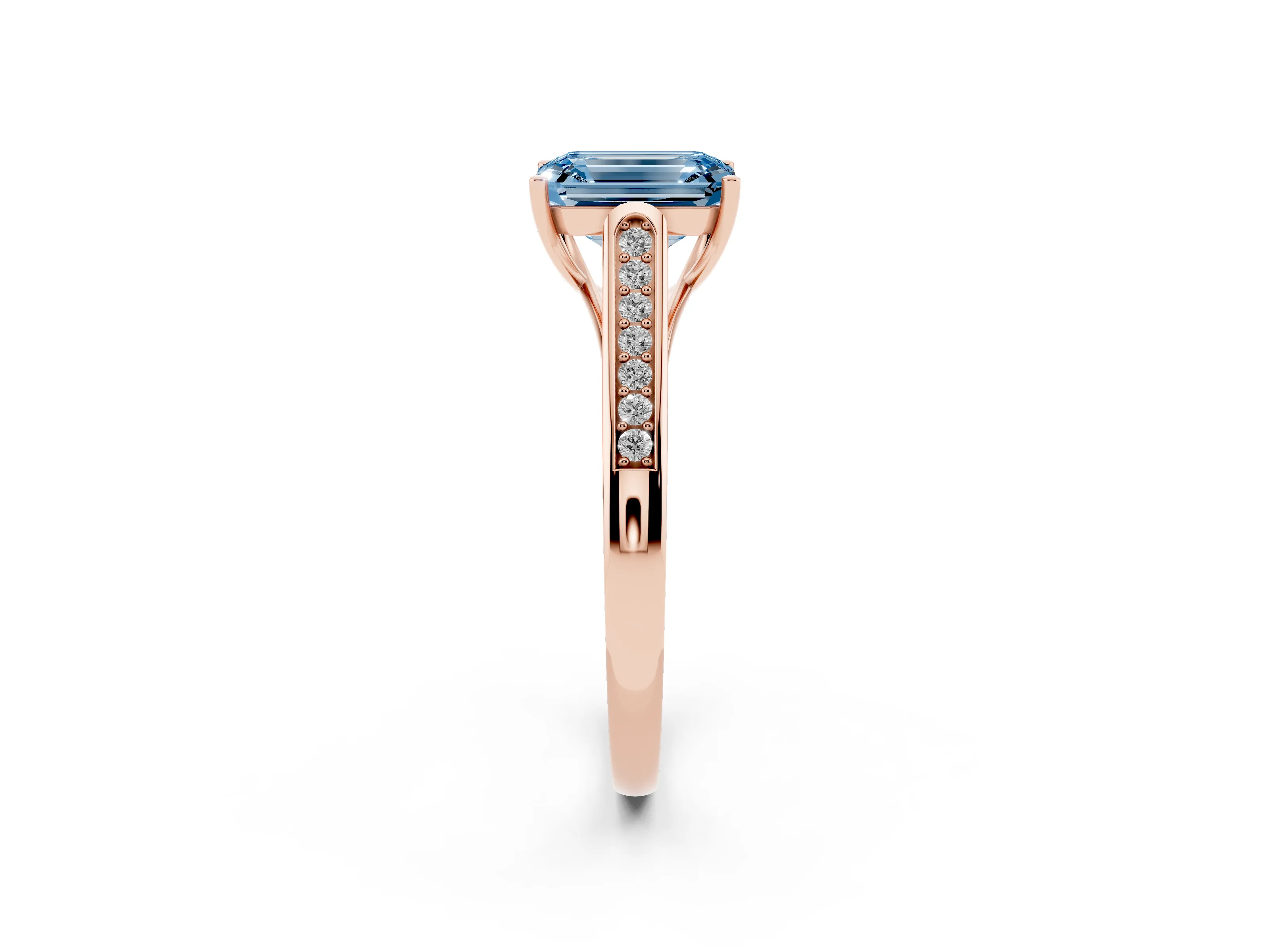 Fancy Blue Emerald Cut Diamond Solitaire Cathedral Engagement Ring Set in Rose gold with Channel-Set Band and Prong Setting