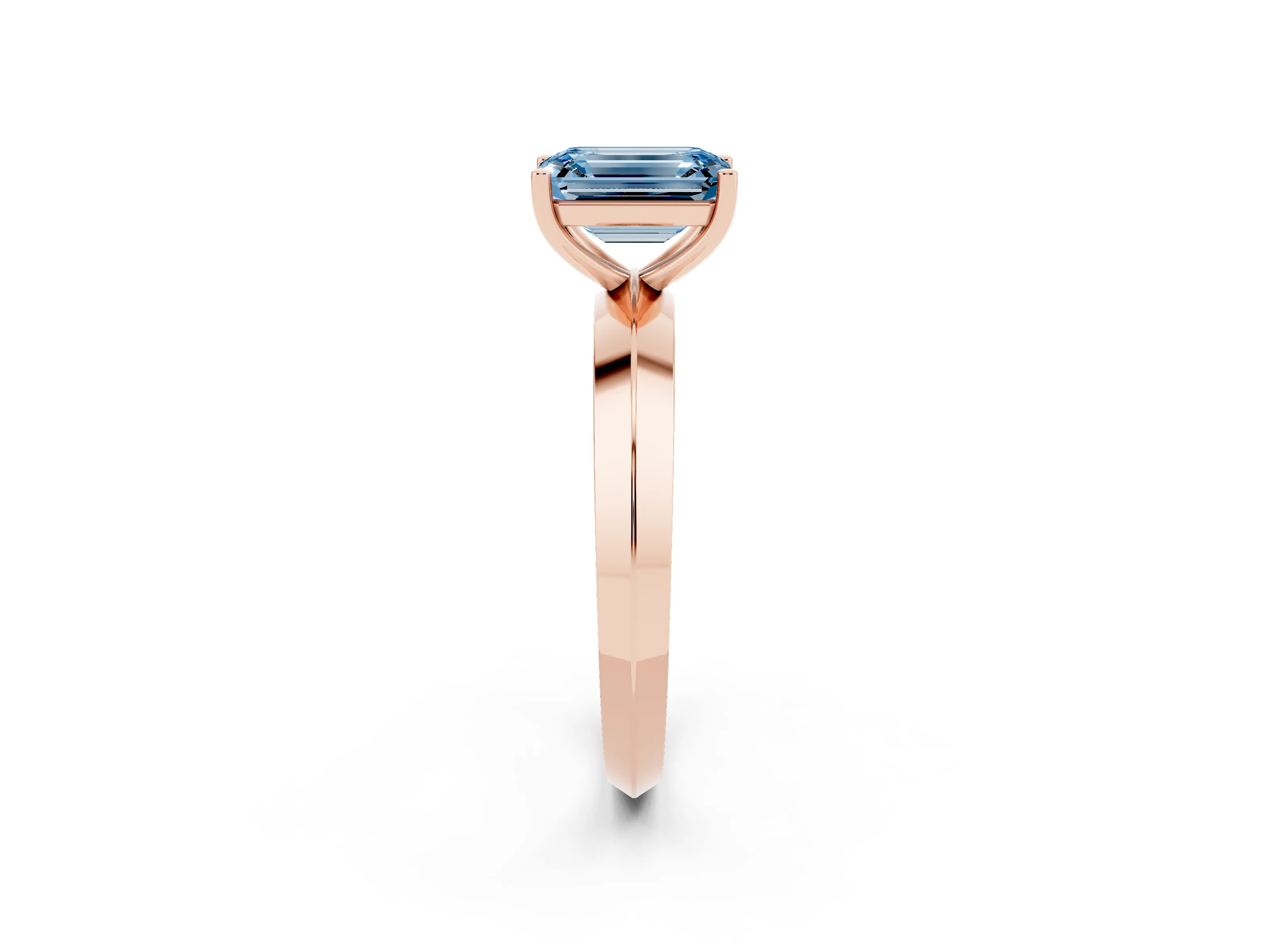 Fancy Blue Emerald Cut Diamond Solitaire Engagement Ring Set in Rose gold with Flat Band and Prong Setting