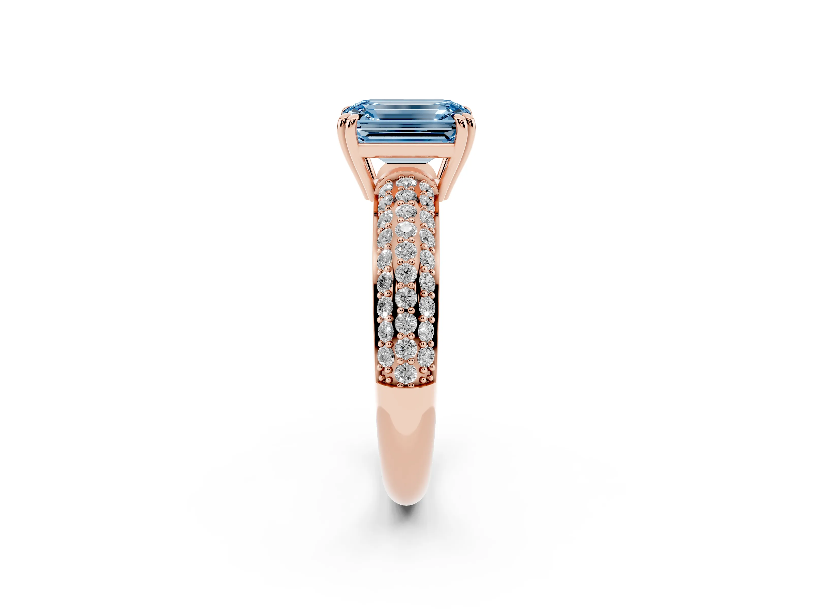 Fancy Blue Emerald Cut Diamond Solitaire Ring Set in Rose gold with Multi-Row Round Pavé Band and Prong Setting
