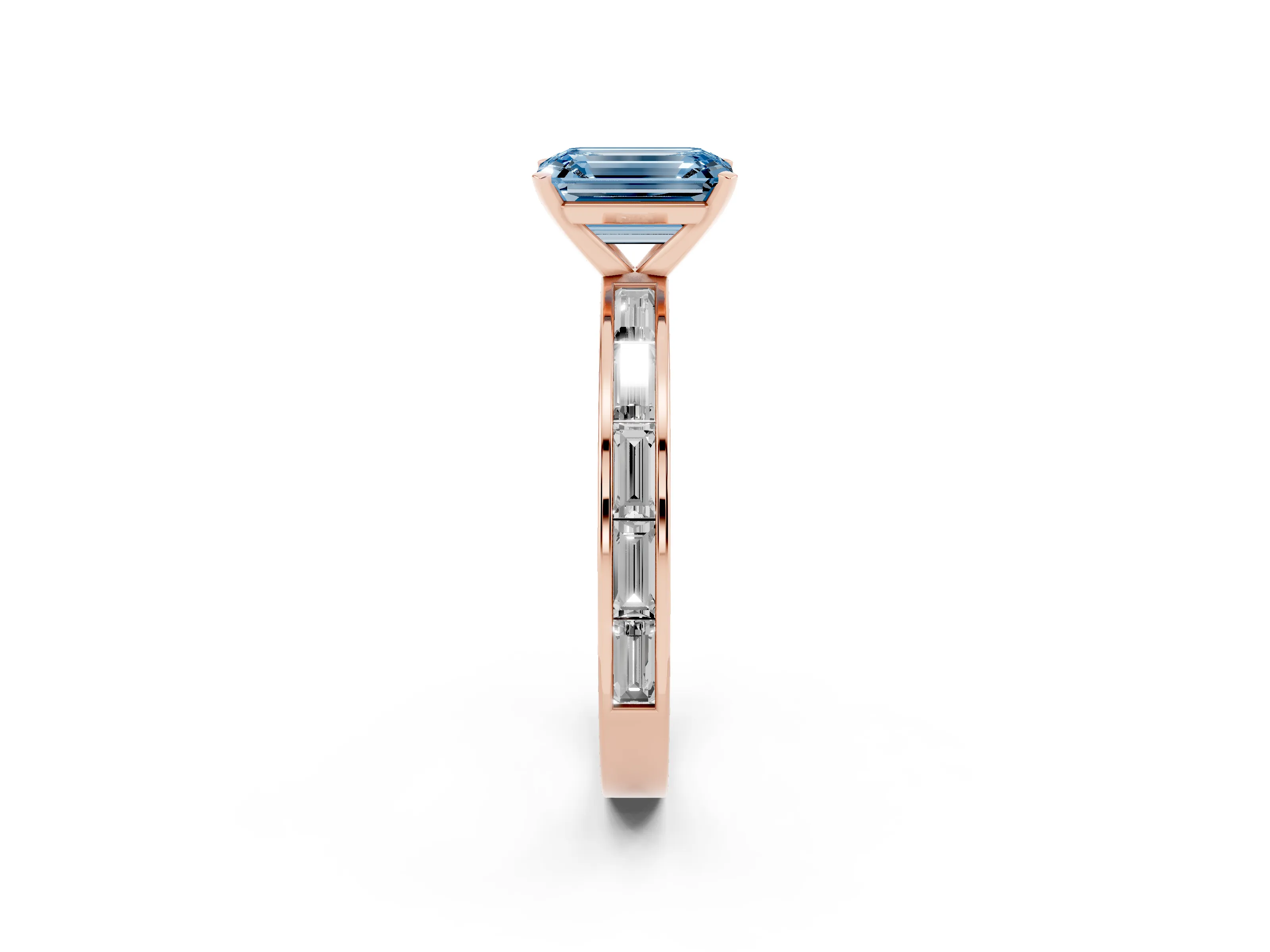 Fancy Blue Emerald Cut Diamond Solitaire Ring Set in Rose gold with Channel-Set Baguette Band and Prong Setting
