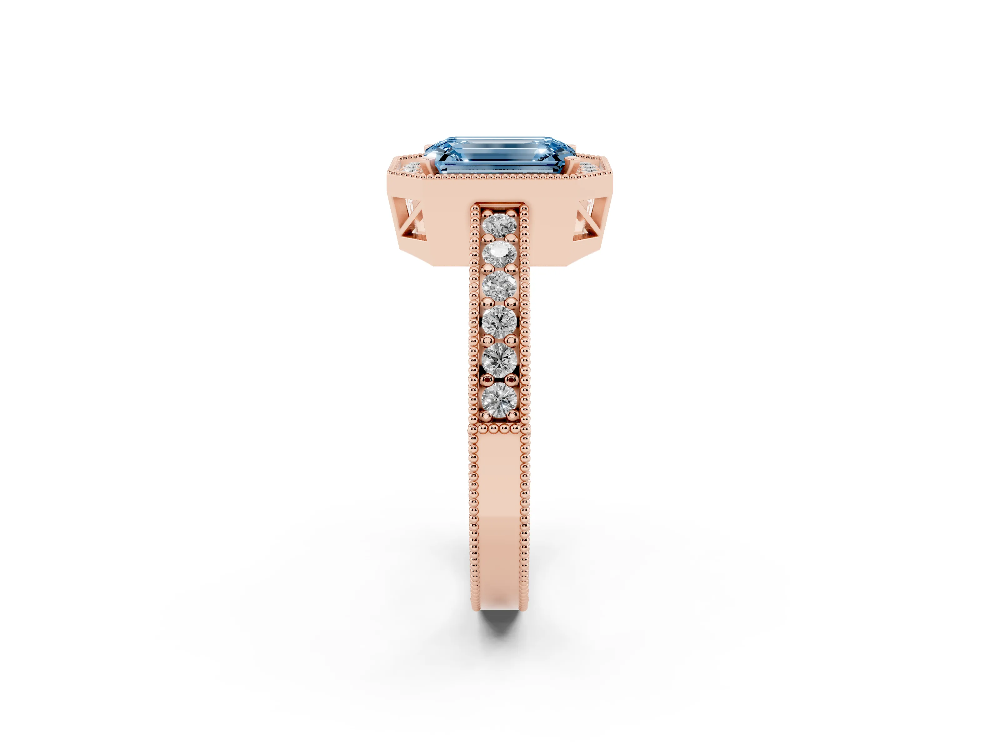 Fancy Blue Emerald Cut Diamond Halo Pavé Band Ring Set in Rose gold with Prong-Set Center