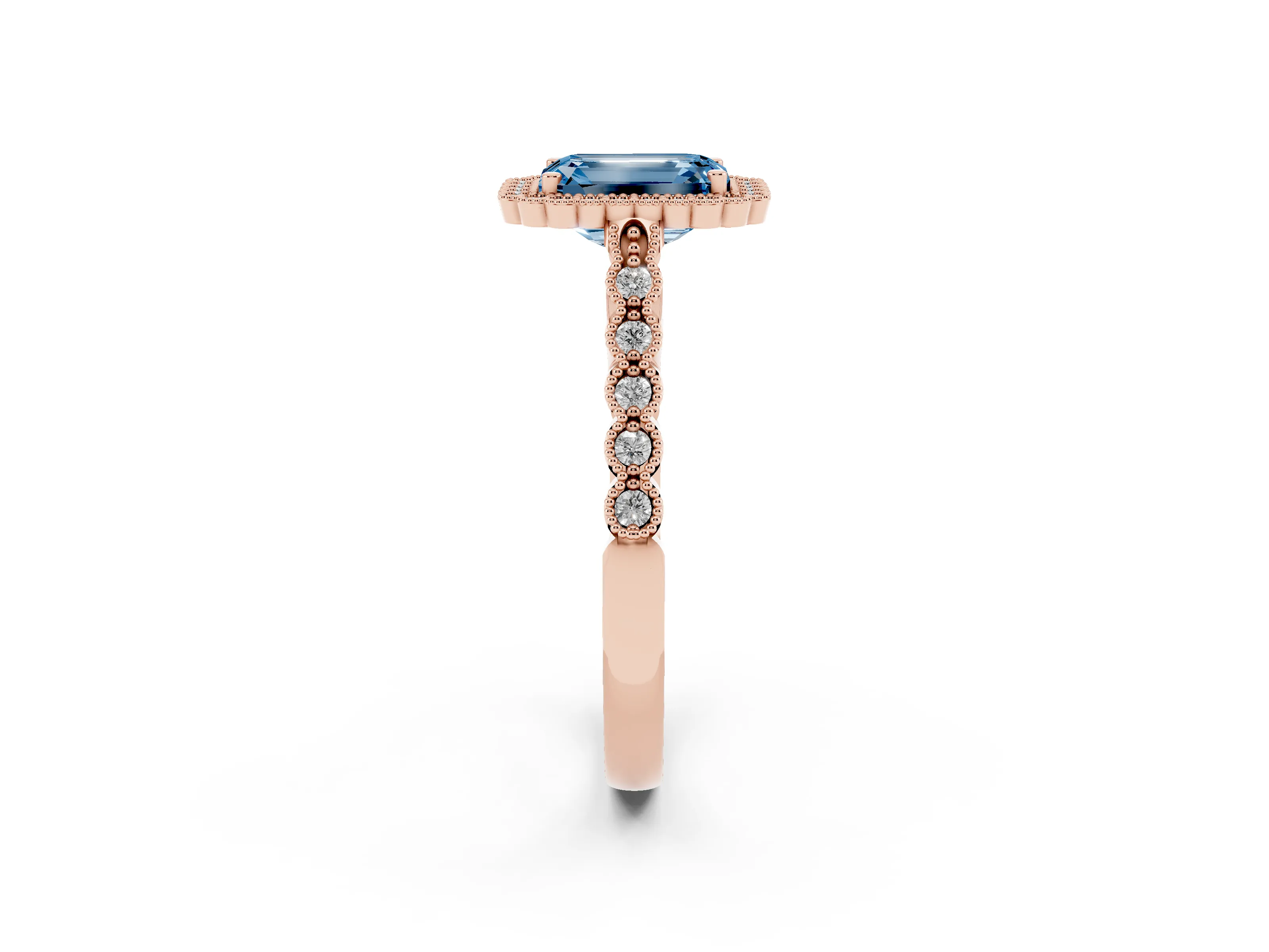 Fancy Blue Emerald Cut Diamond Halo Ring Set in Rose gold with Pavé Milgrain Band