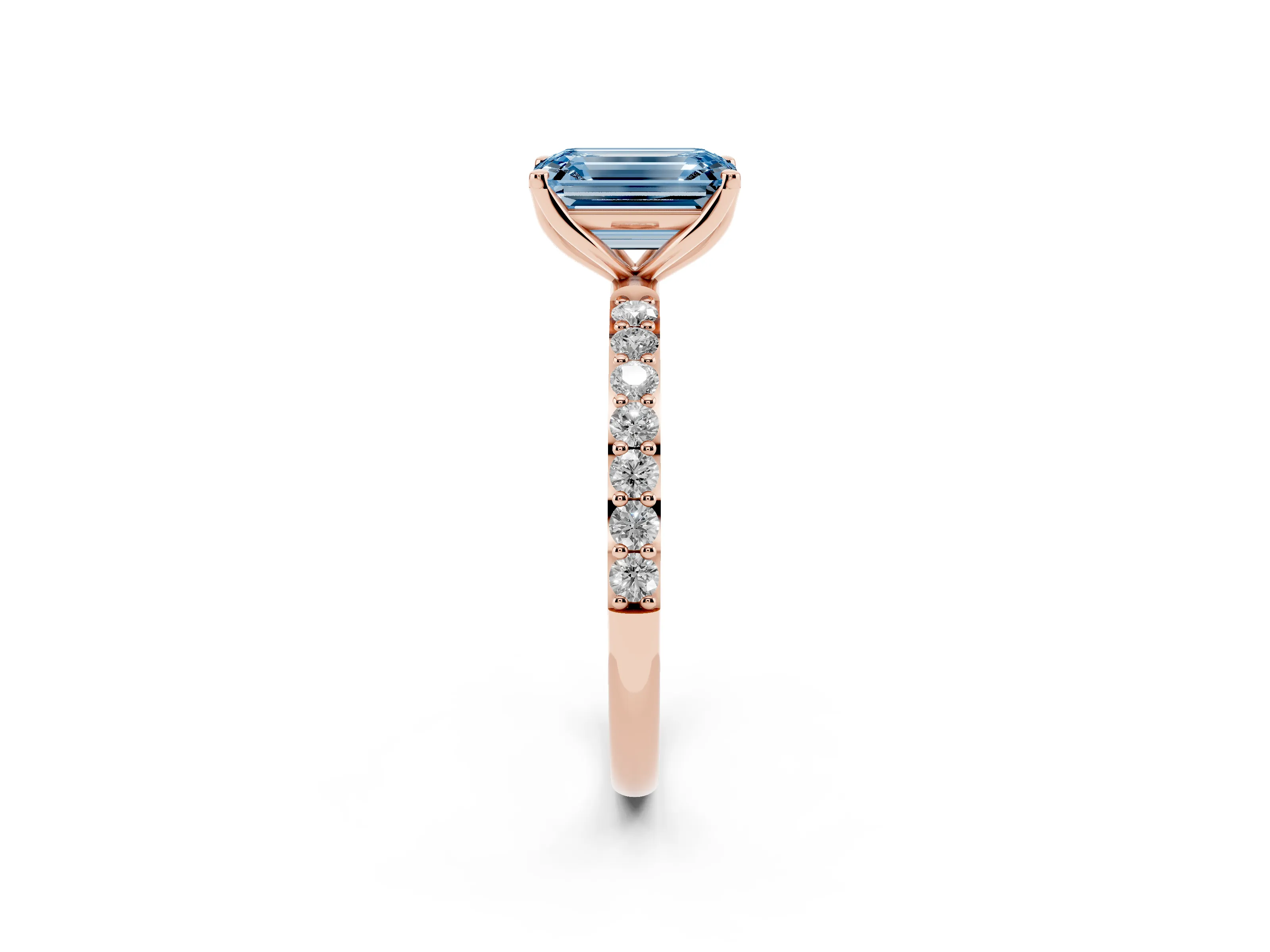 Fancy Blue Emerald Cut Diamond Solitaire Engagement Ring Set in Rose gold with Round Pavé Band and Prong Setting