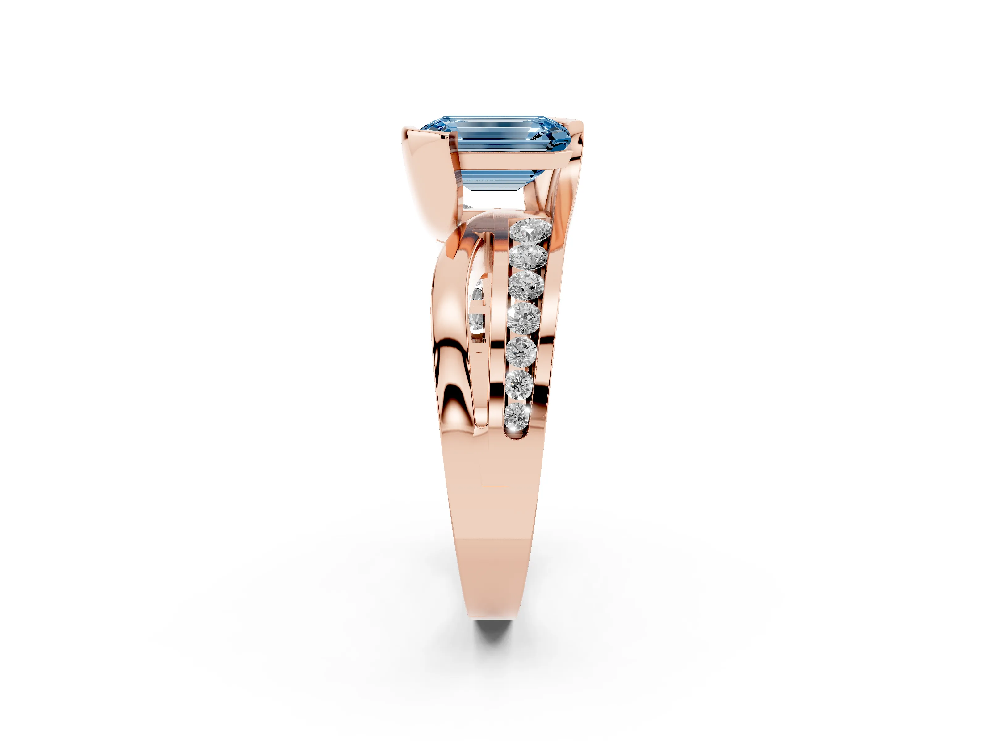 Fancy Blue Emerald Cut Diamond Solitaire Ring Set in Rose gold with Channel Set Split Shank and Tension Prongs
