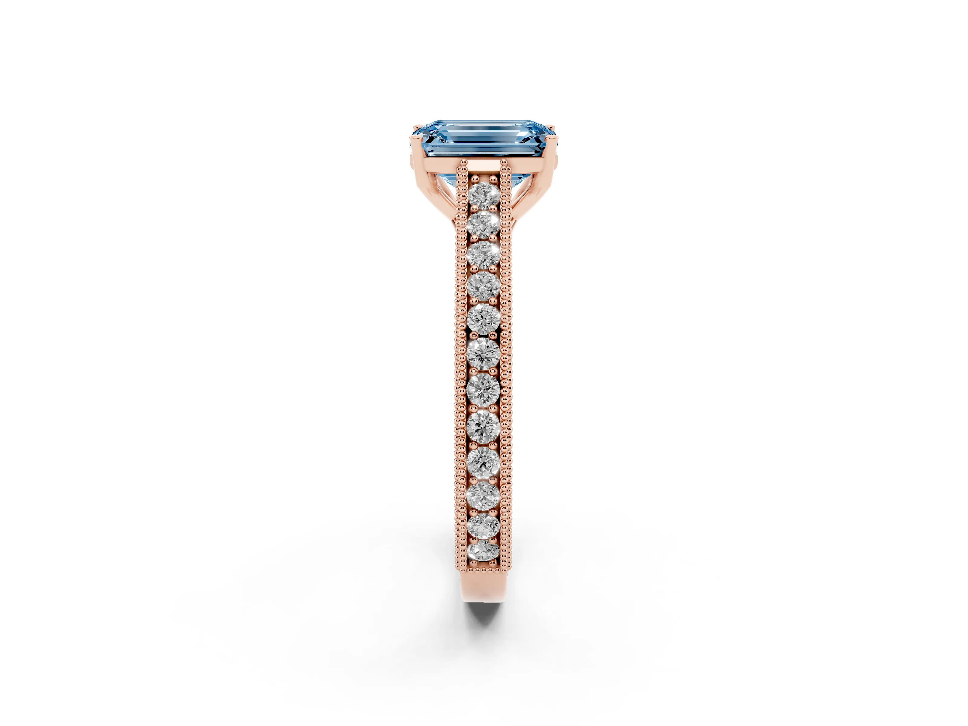 Fancy Blue Emerald Cut Diamond Milgrain Pavé Band Solitaire Ring Set in Rose gold with Prong Setting