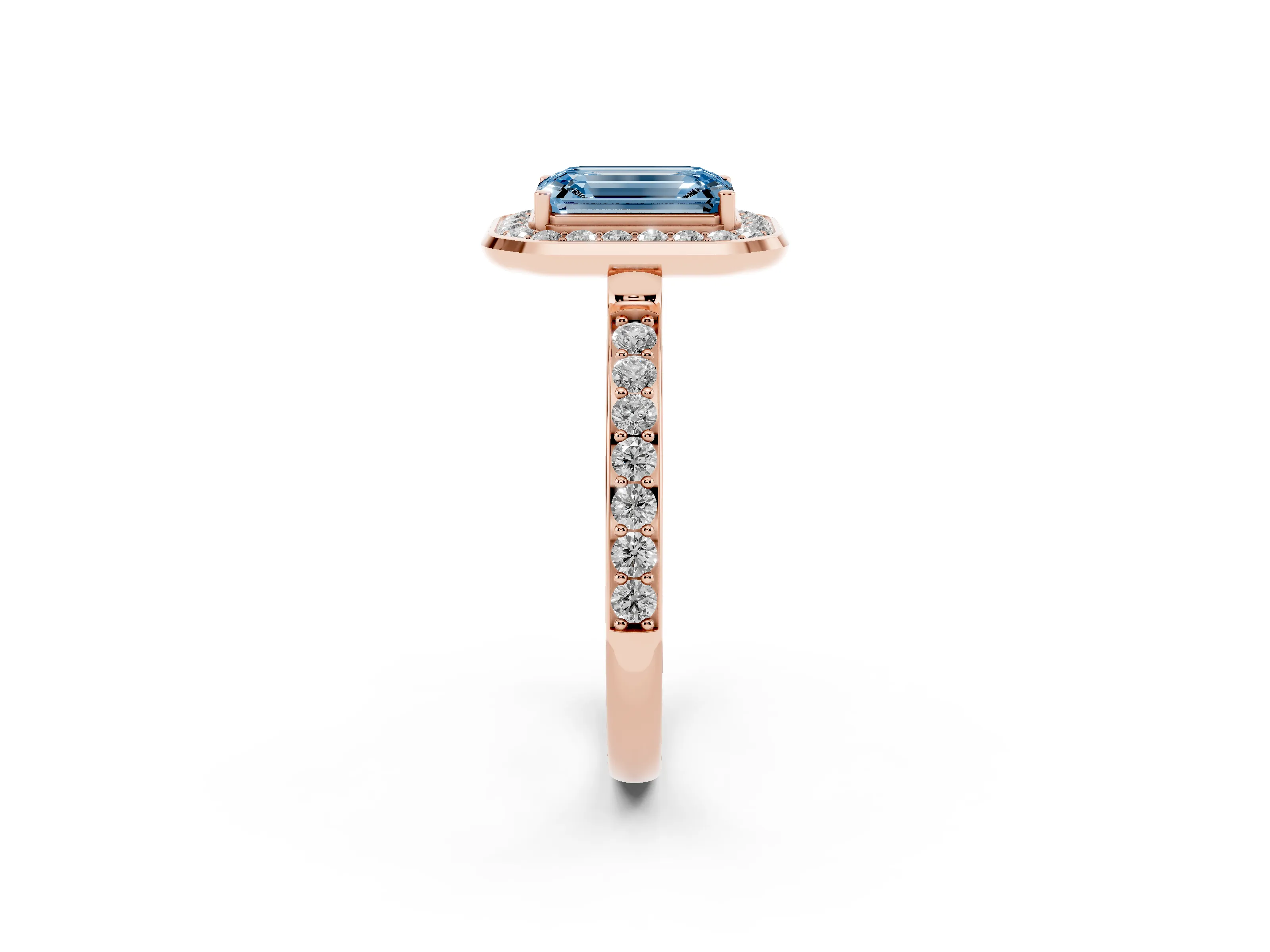Fancy Blue Emerald Cut Diamond Halo Ring Set in Rose gold with Bezel Frame and Pavé Band
