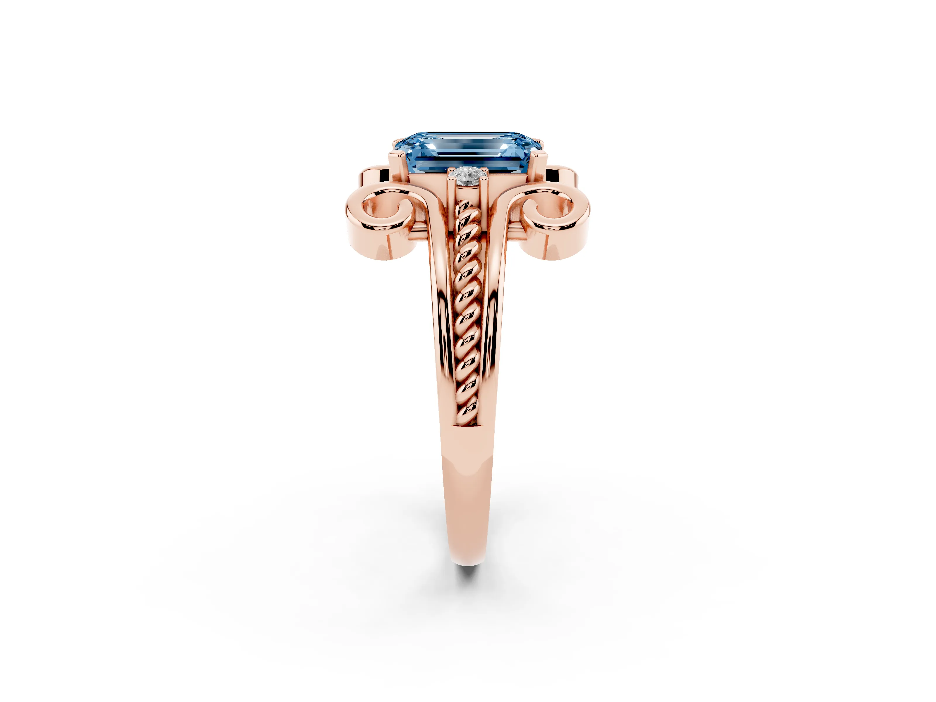 Fancy Blue Emerald Cut Diamond Twisted Band Solitaire Ring Set in Rose gold with Scroll Prongs