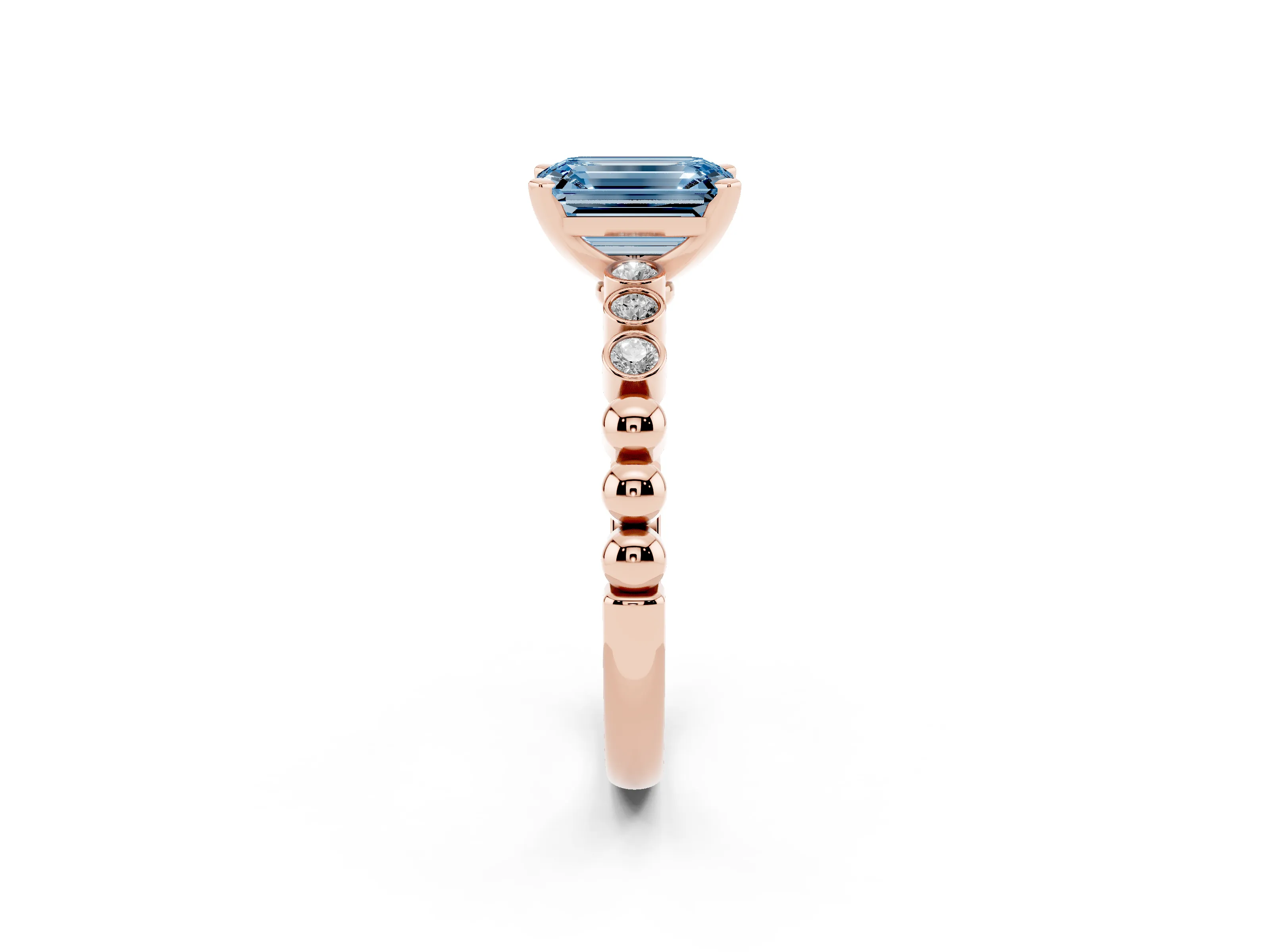 Fancy Blue Emerald Cut Diamond Solitaire Engagement Ring Set in Rose gold with Bezel Accents on Beaded Band